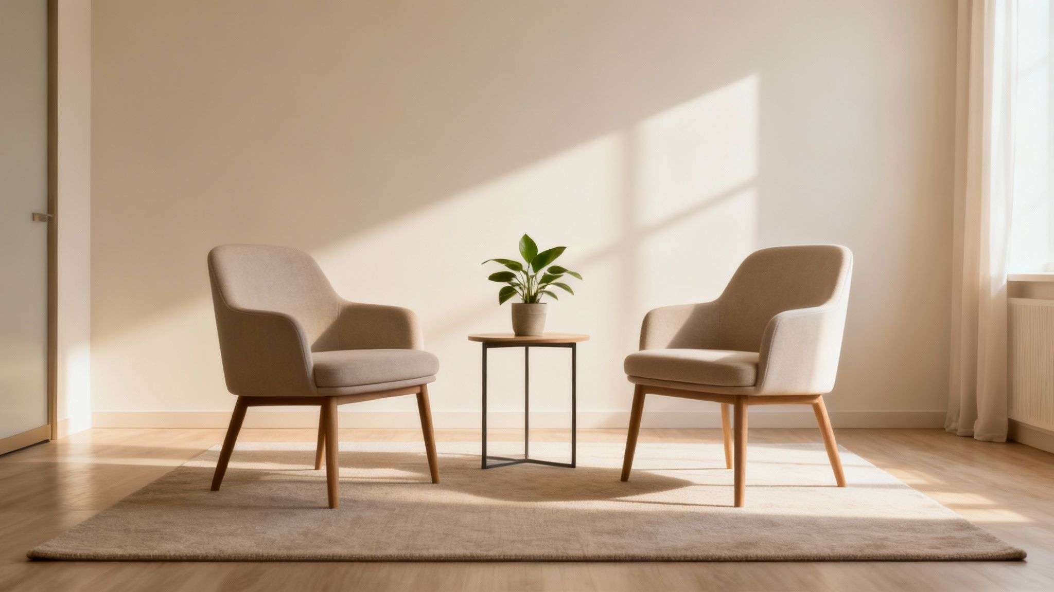 A compassionate therapist listening intently to a client in a calm, welcoming office.
