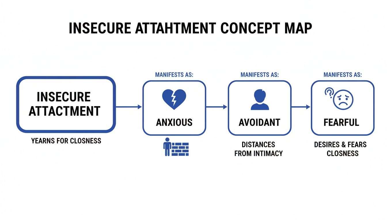 A concept map illustrating insecure attachment styles: Anxious, Avoidant, and Fearful, with their core characteristics.