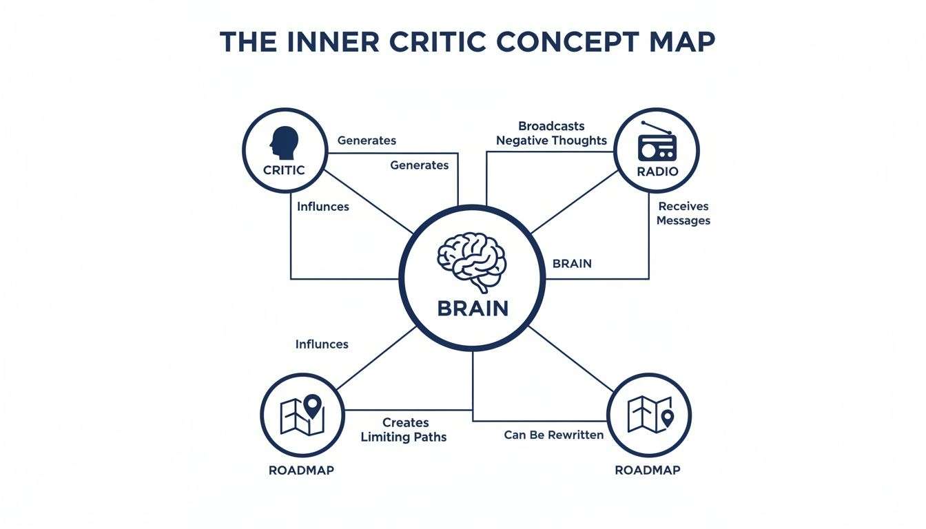 A concept map illustrating the inner critic, brain, negative thoughts from radio, and personal roadmaps.