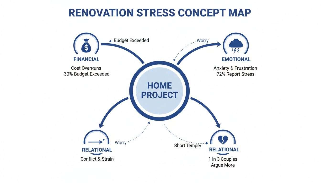 A concept map showing renovation stress factors: financial, emotional, and relational impacts from home projects.