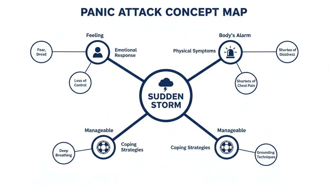 A concept map titled 'Panic Attack Concept Map' showing symptoms and coping strategies.