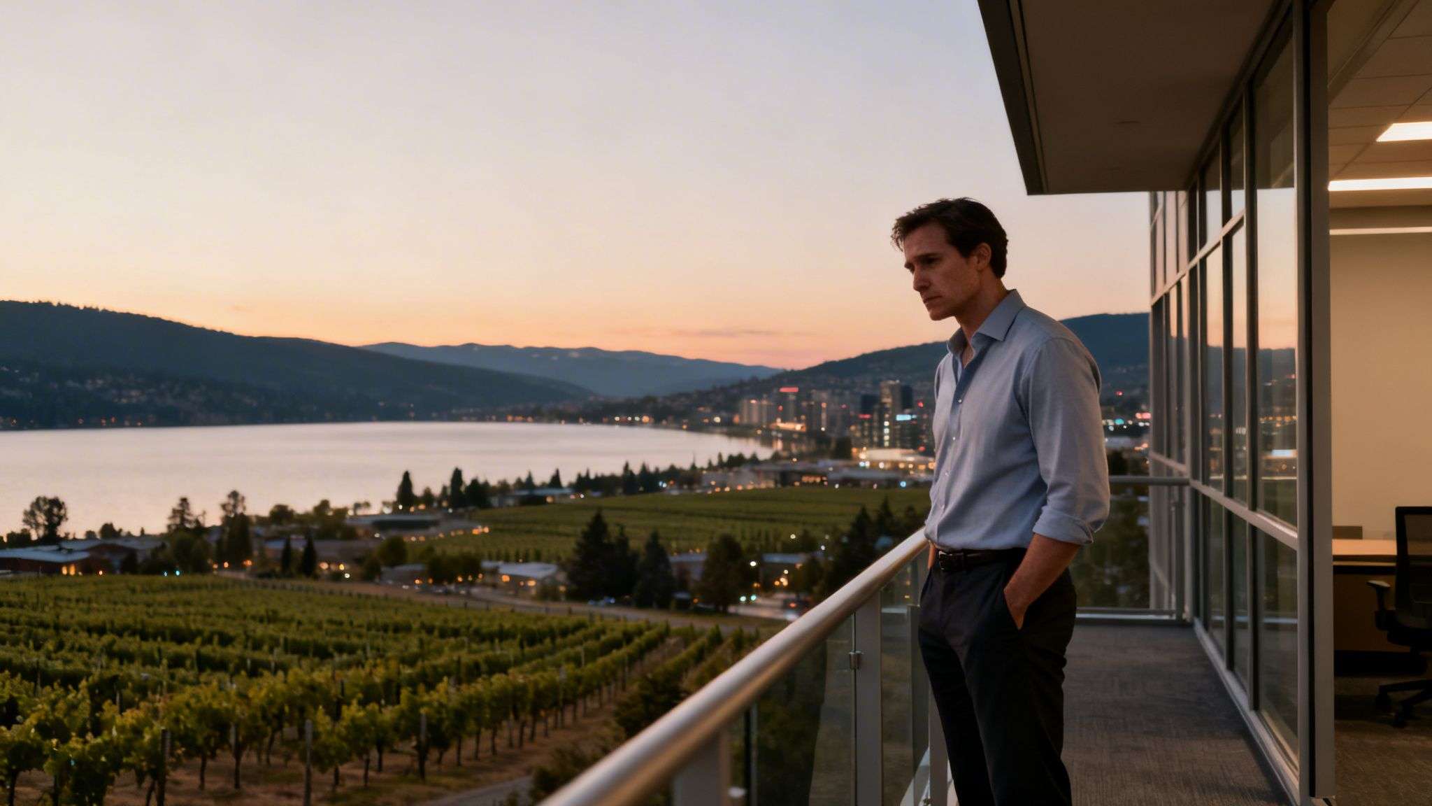 A contemplative man on a balcony at sunset overlooking a beautiful lake, city, and vineyards.