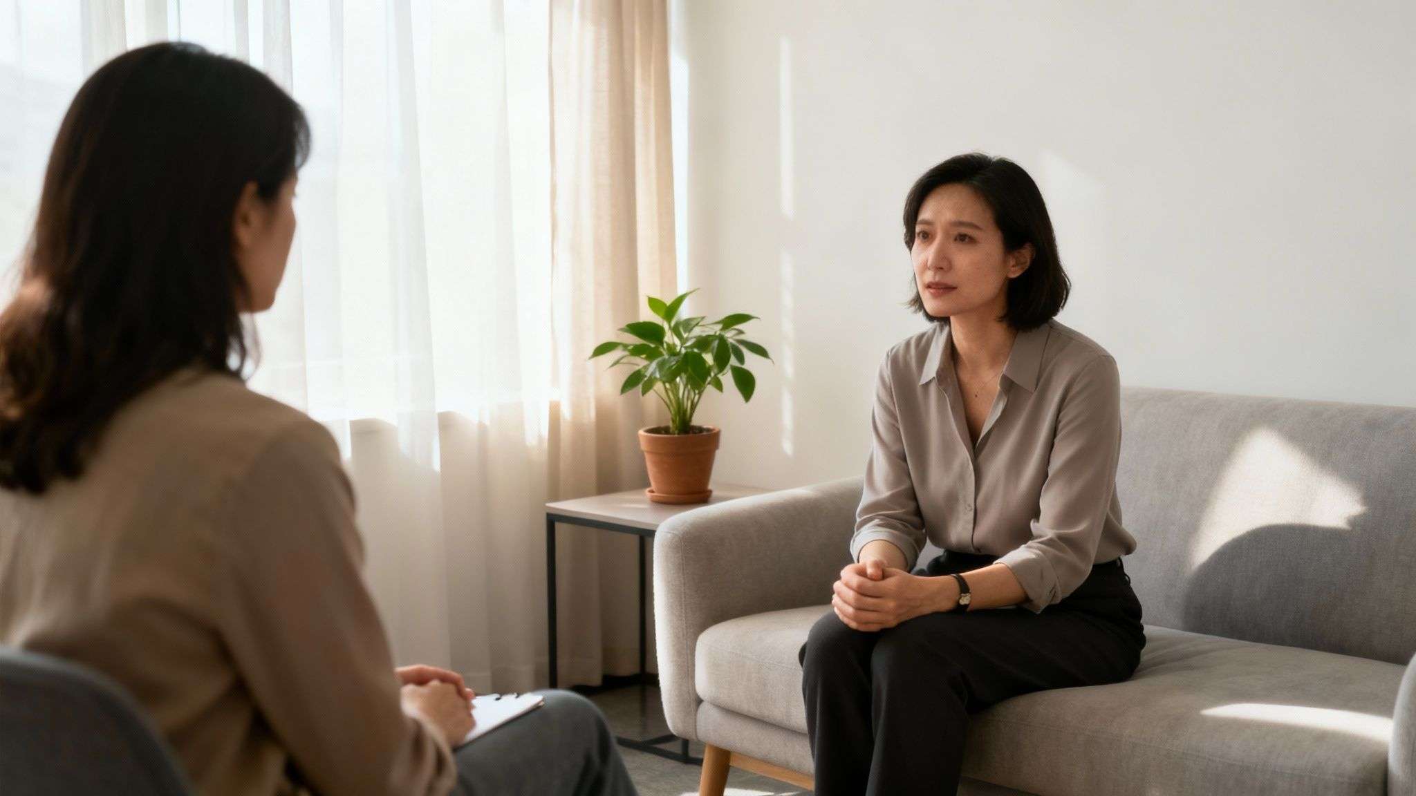 A counselor and client sitting opposite each other in a welcoming office, engaged in a supportive conversation.