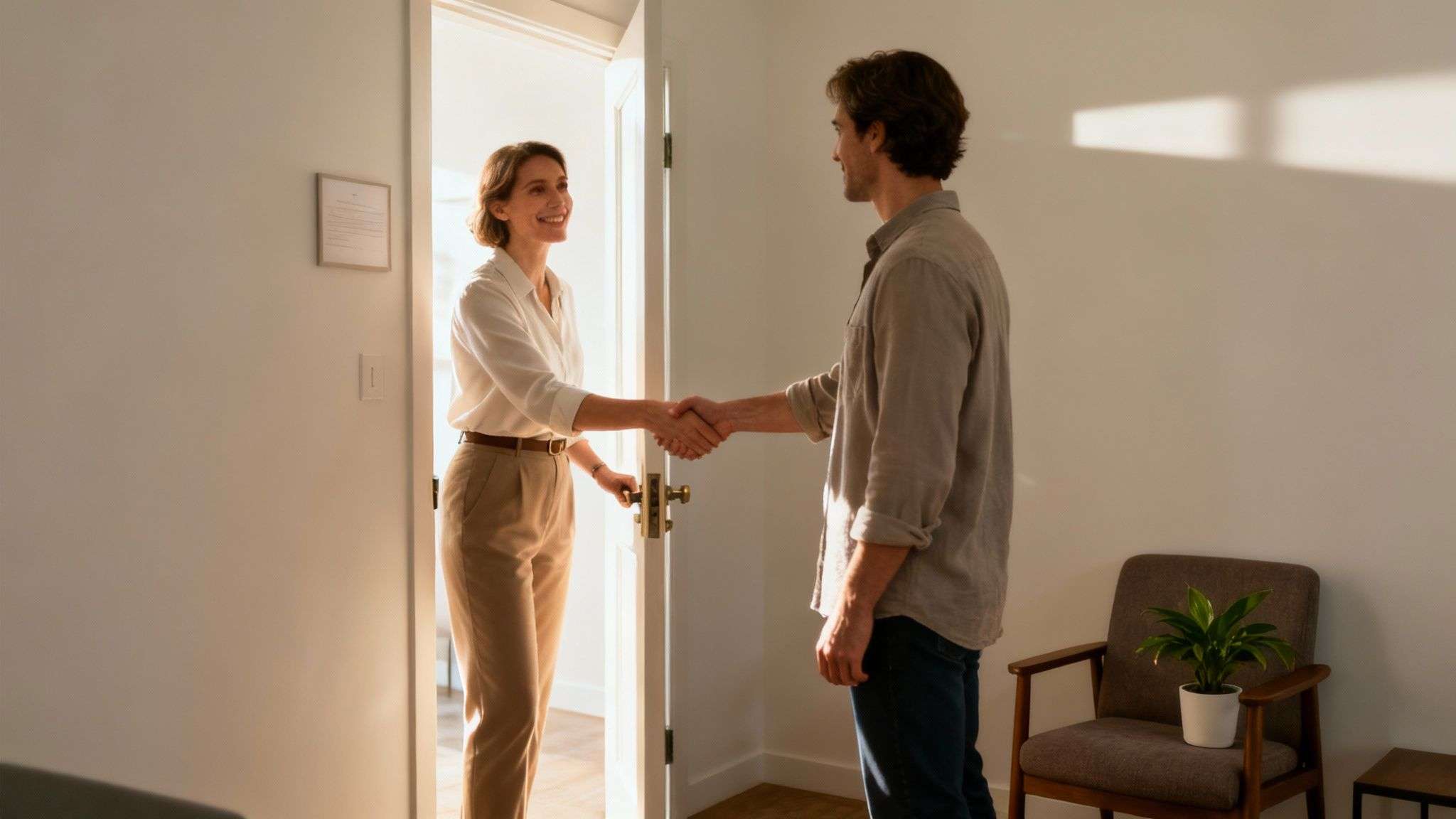 A counselor warmly greets a client in a comfortable, sunlit office.