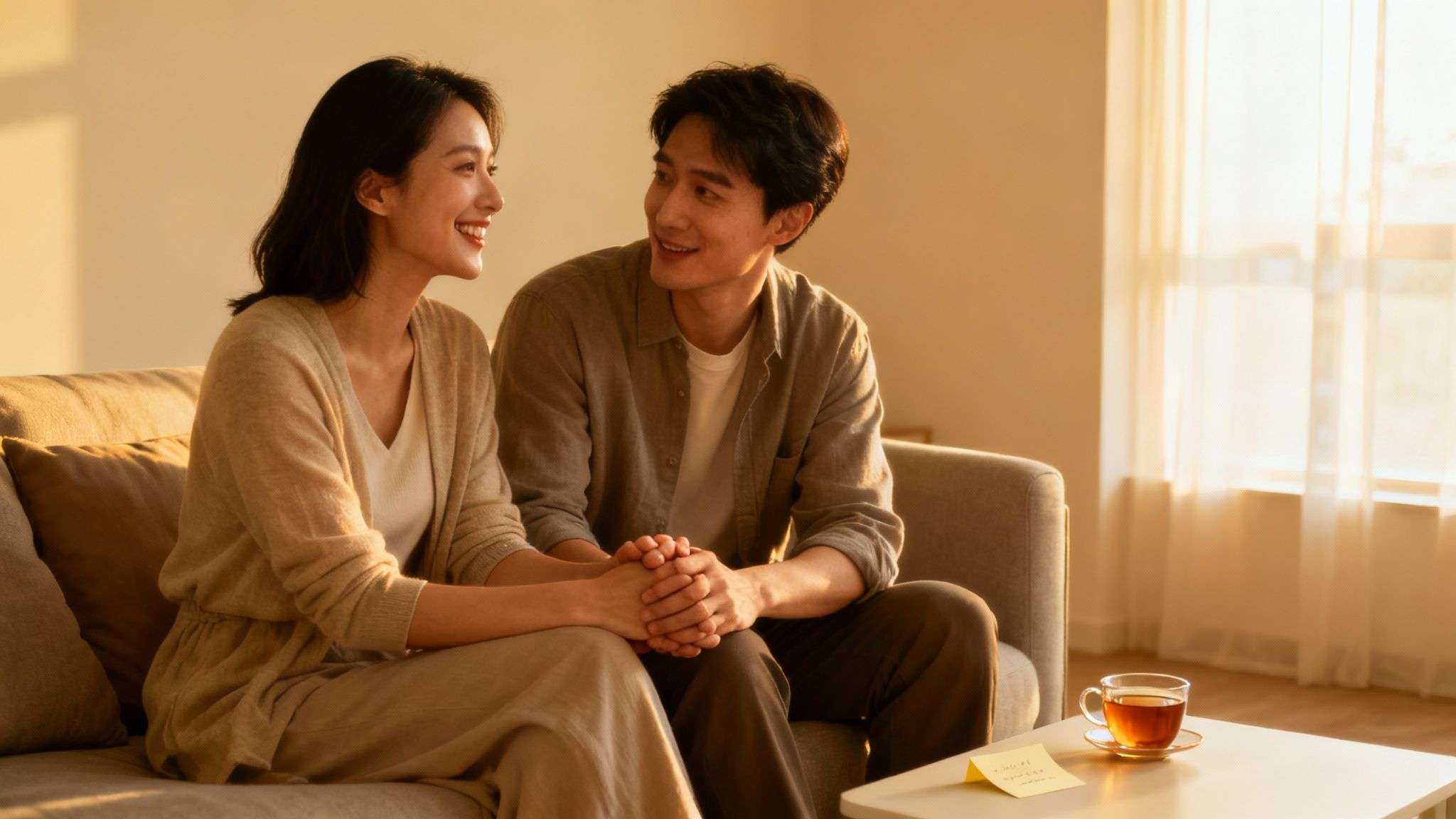 A couple laughing and holding hands, showing a strong positive connection.