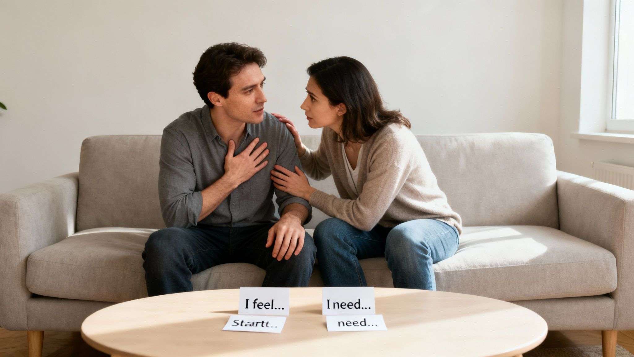 A couple on a sofa having a serious discussion with 'I feel...' and 'I need...' cards on the table.