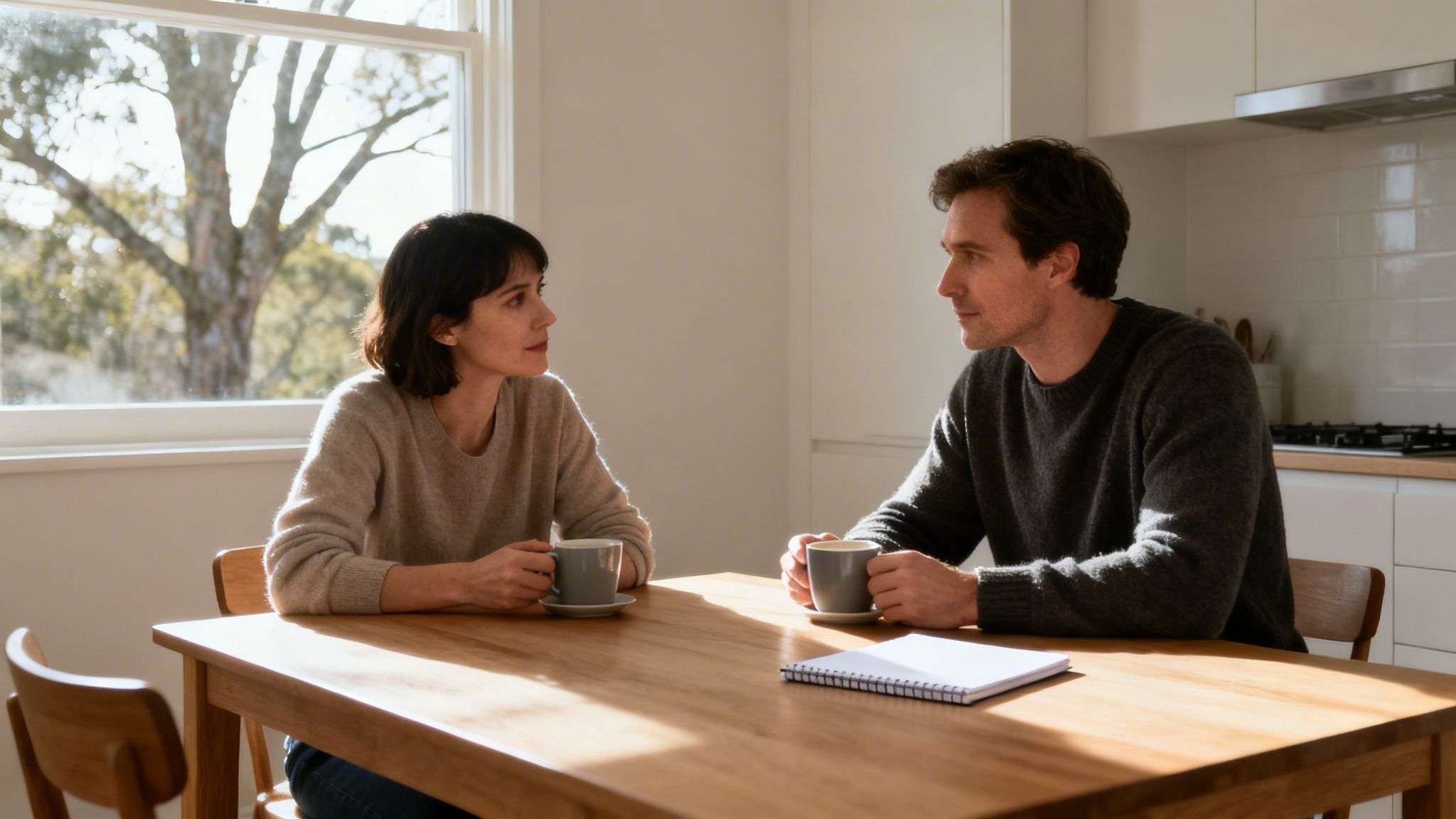 A couple sits at a sunlit kitchen table, drinking coffee and having a conversation.