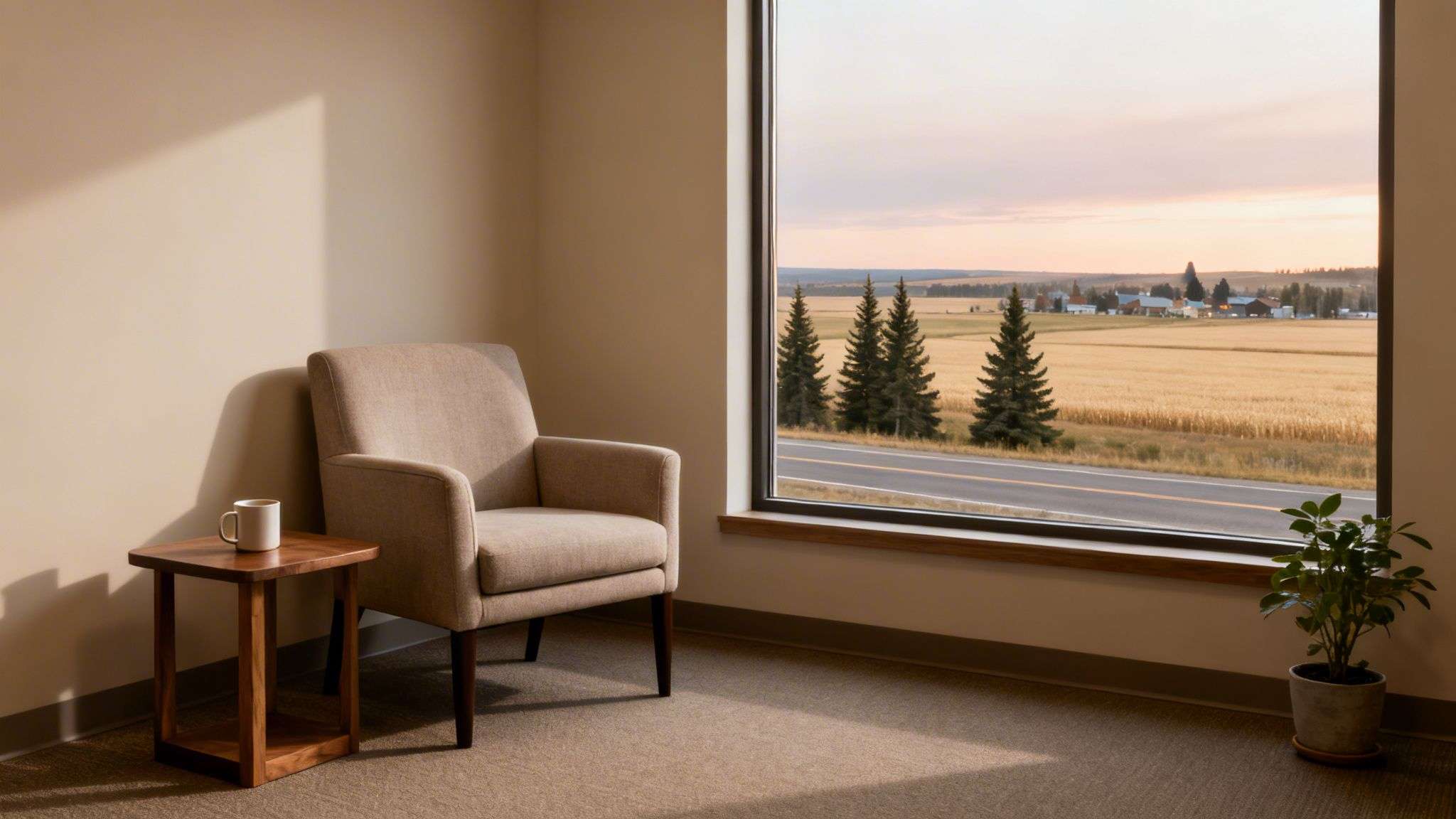 A cozy armchair next to a window overlooking a serene rural landscape with fields and trees.