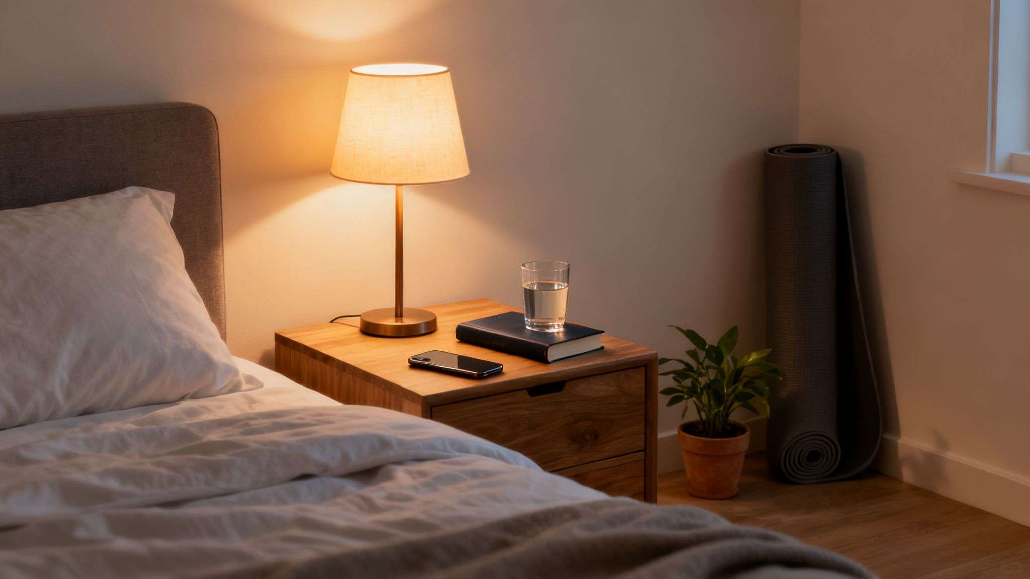 A cozy, dimly lit bedroom scene with a bed, nightstand, glowing lamp, and yoga mat.