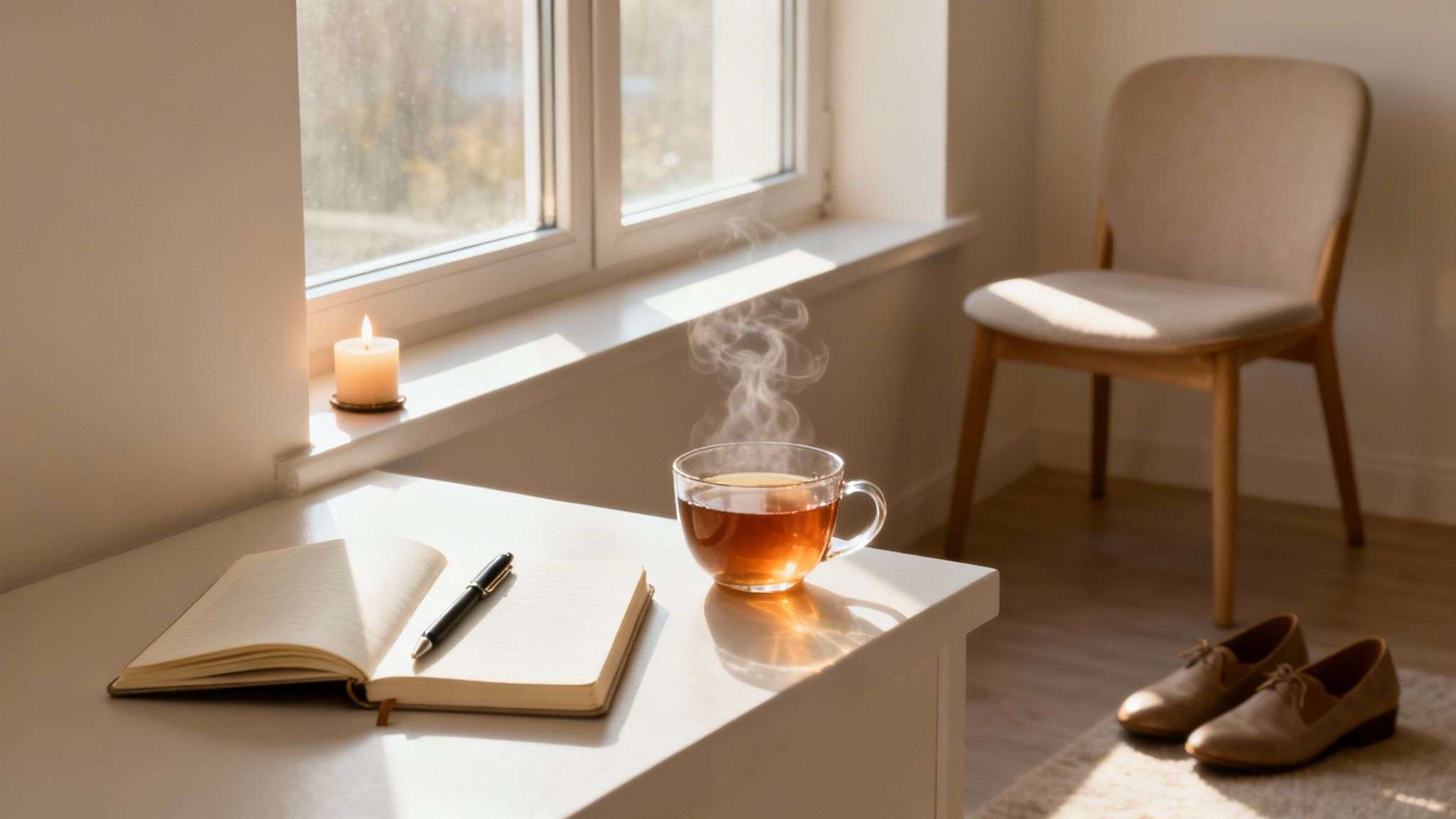 A cozy indoor scene with a steaming cup of tea, an open notebook, and a burning candle by a sunlit window.