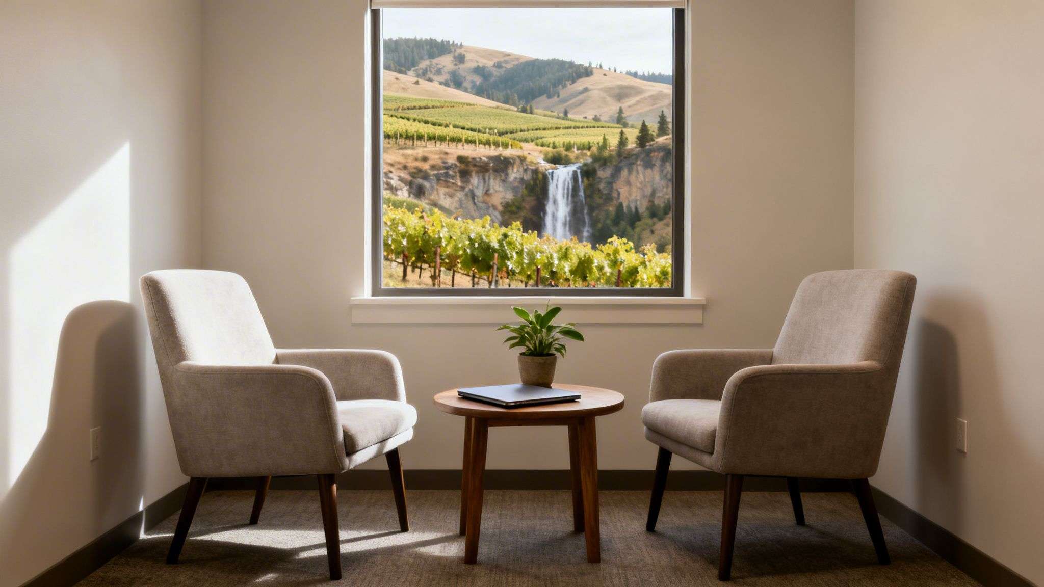 A cozy room with two armchairs, a table, and a window view of a vineyard and waterfall.