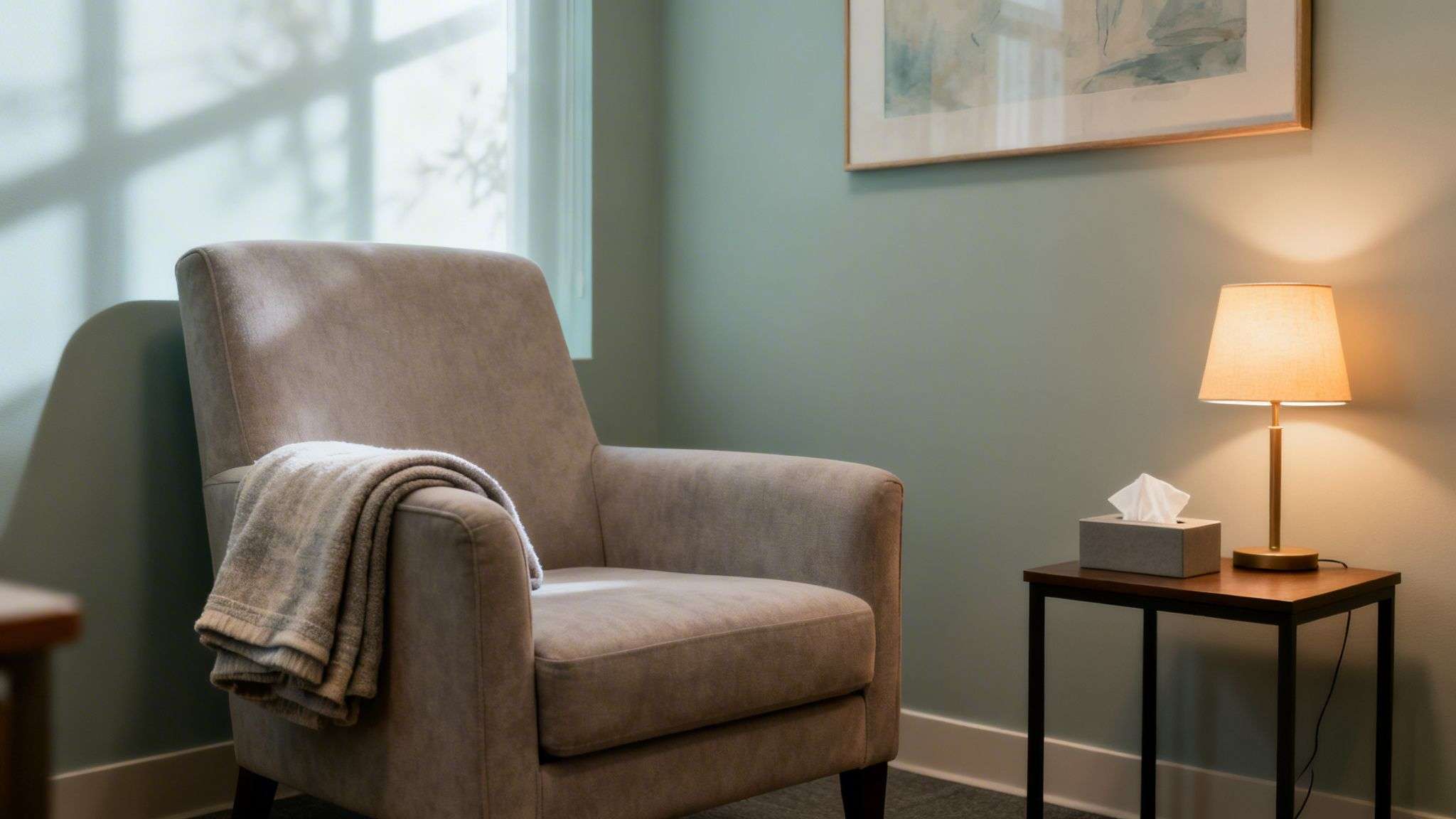 A cozy sage green room with a comfortable armchair, side table with lamp, and tissue box, ideal for therapy.