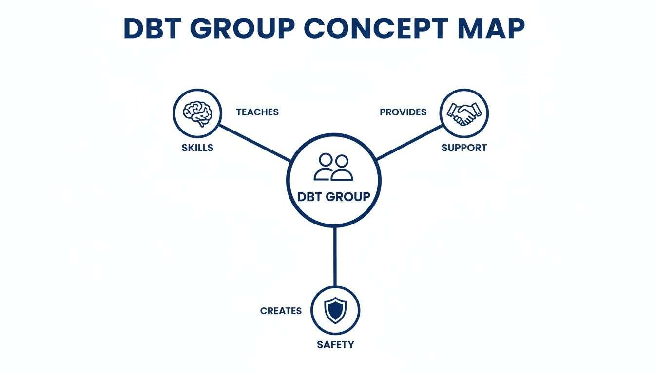 A DBT Group concept map illustrating how it teaches skills, provides support, and creates safety.