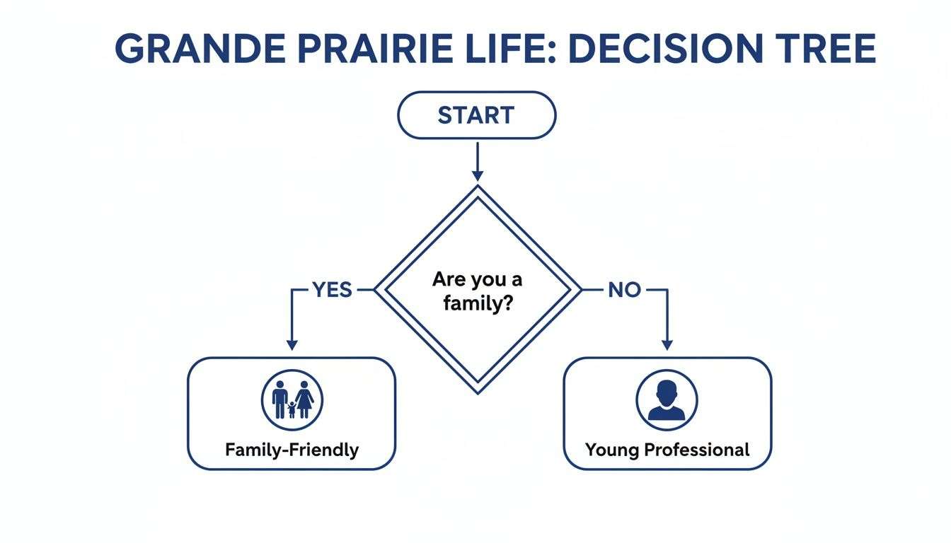 A decision tree flowchart for Grande Prairie life, classifying users as family-friendly or young professionals.
