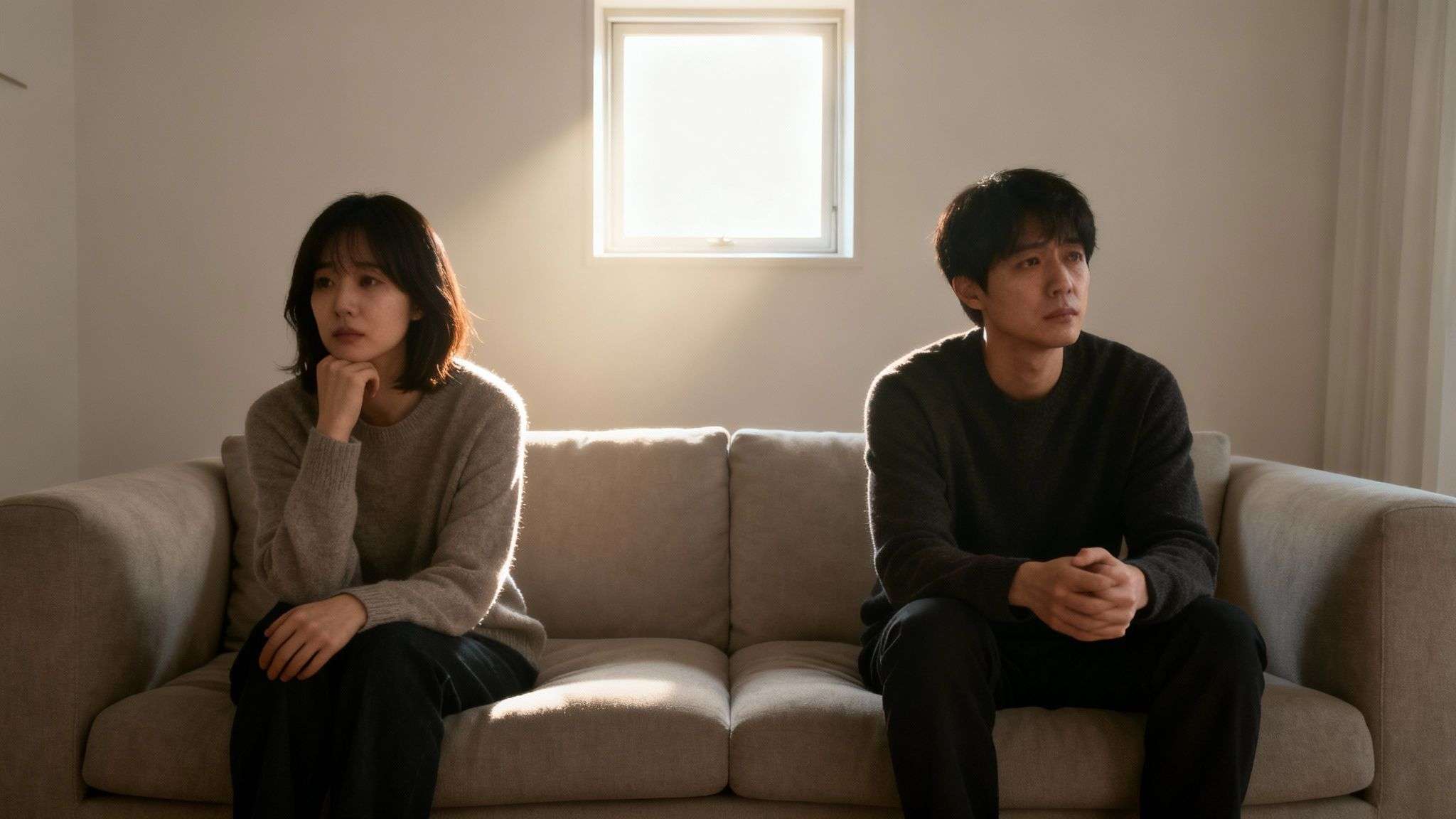 A distressed Asian couple sits apart on a sofa, looking away, suggesting a marital conflict.