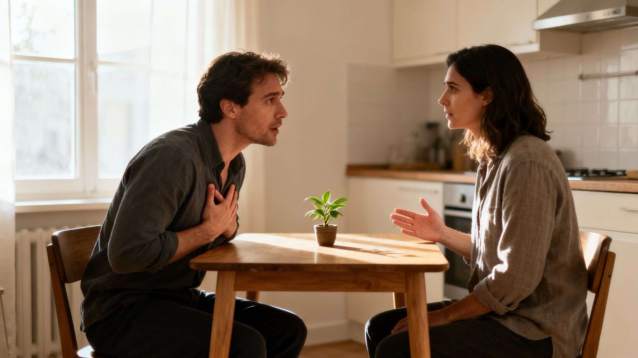 A distressed couple sits at a kitchen table, seemingly having a difficult conversation or argument.