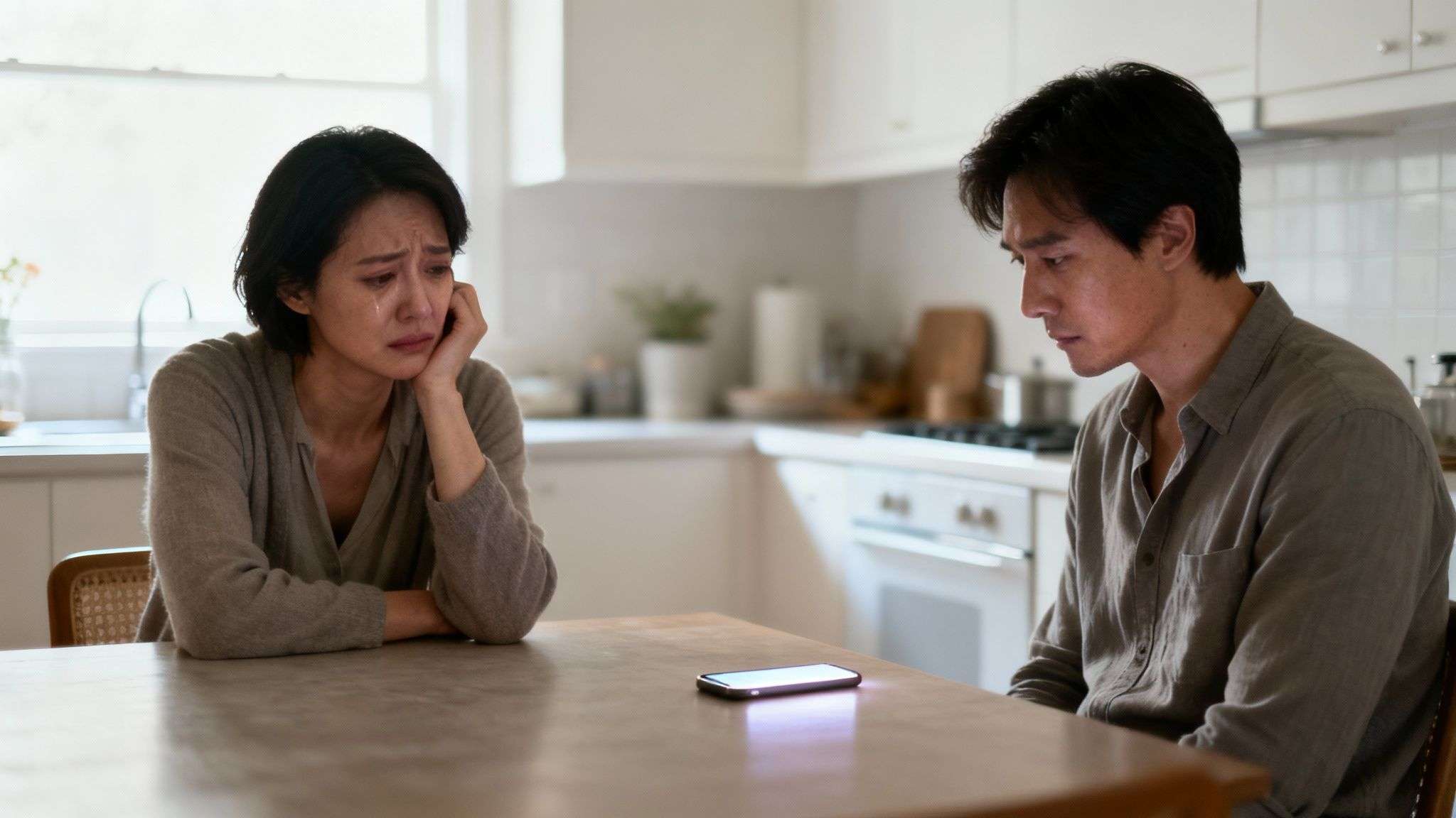 A distressed woman crying and a sad man sitting at a kitchen table with a phone between them.