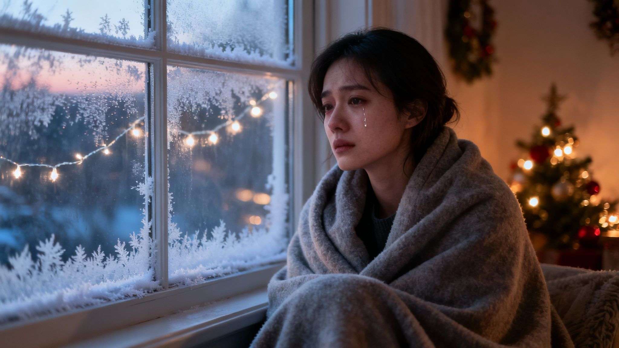 A distressed woman wrapped in a blanket cries by a frosty window during the Christmas season.
