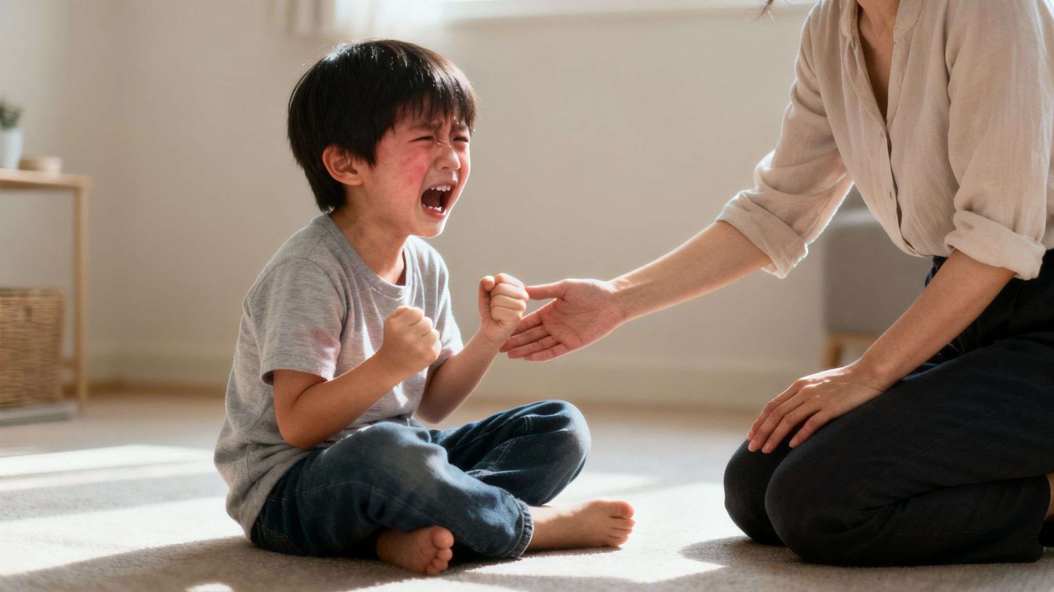 A distressed young boy with red cheeks sits crying on the floor, while an adult reaches out a comforting hand.
