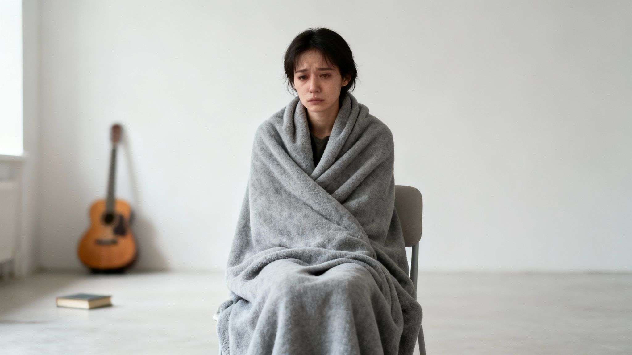 A distressed young woman, wrapped in a gray blanket, sits alone, showing signs of crying.