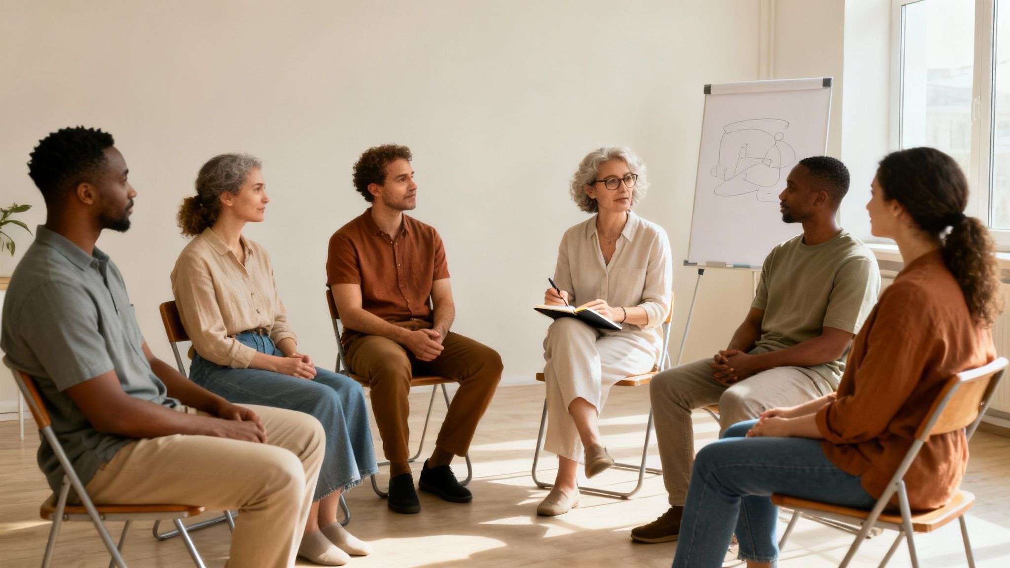 A diverse group of adults sits in a circle, listening intently to a therapist taking notes.