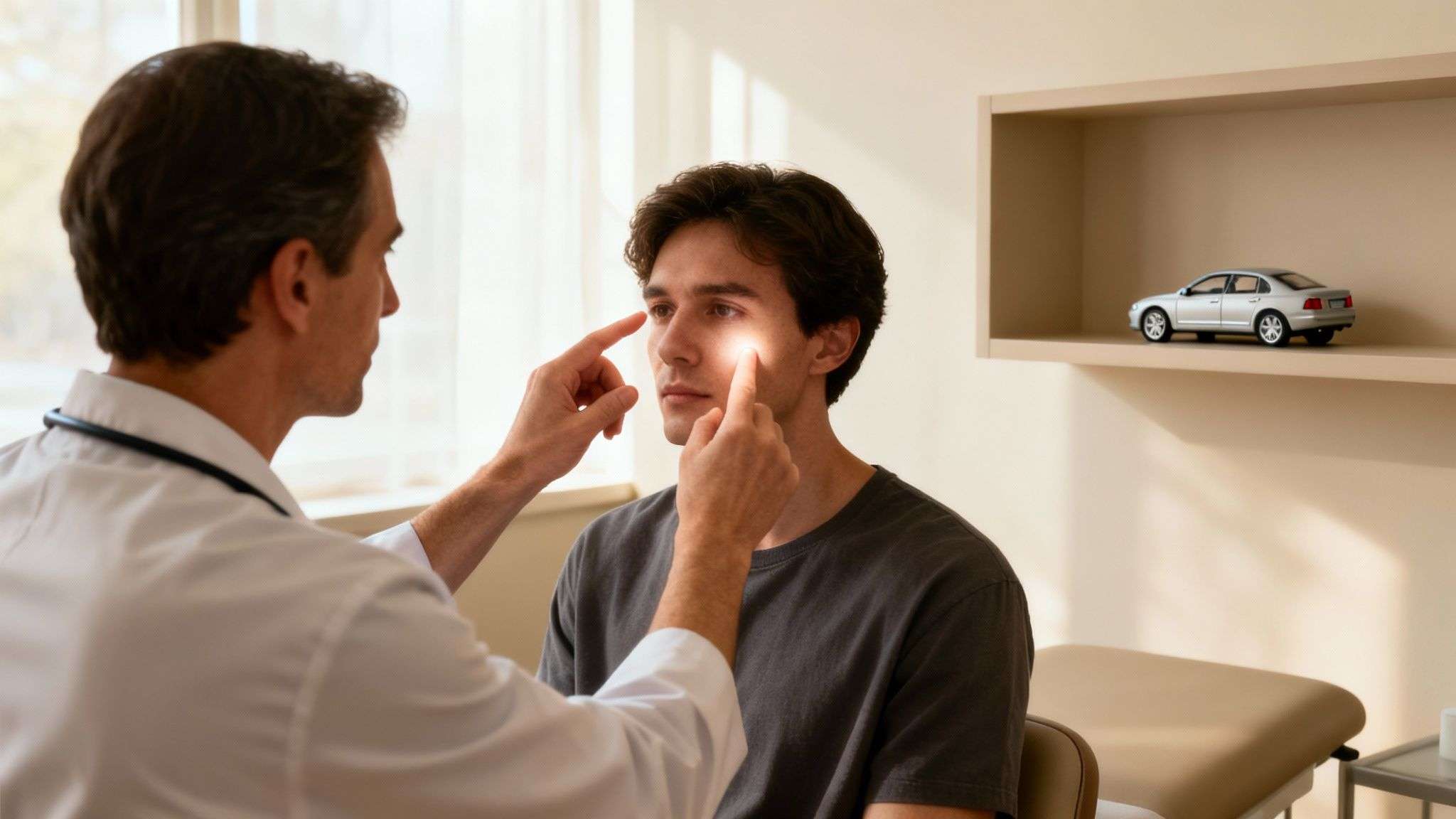 A doctor examines a young man's eyes with a bright light in a clinical setting.