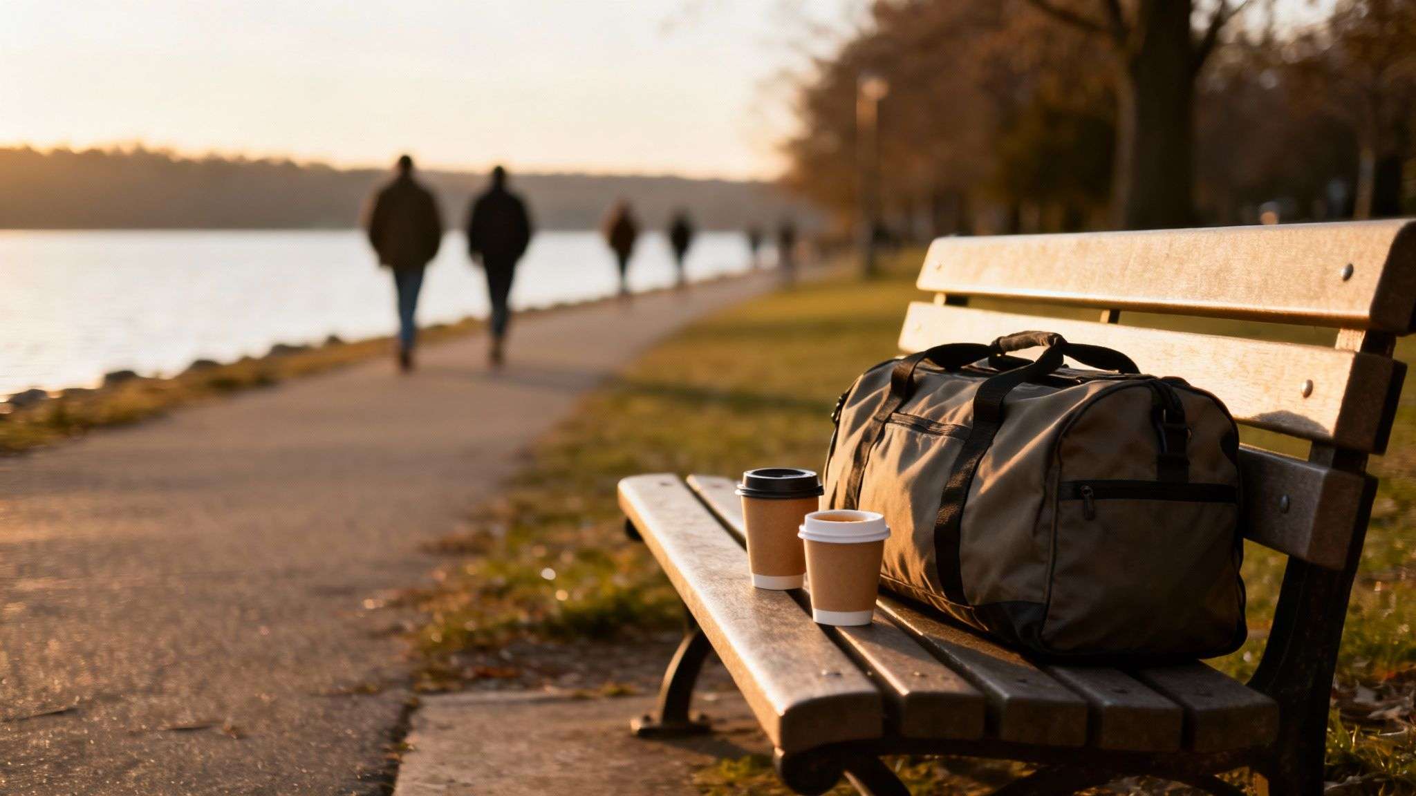 A duffel bag and two coffee cups rest on a park bench by a lake at sunset.