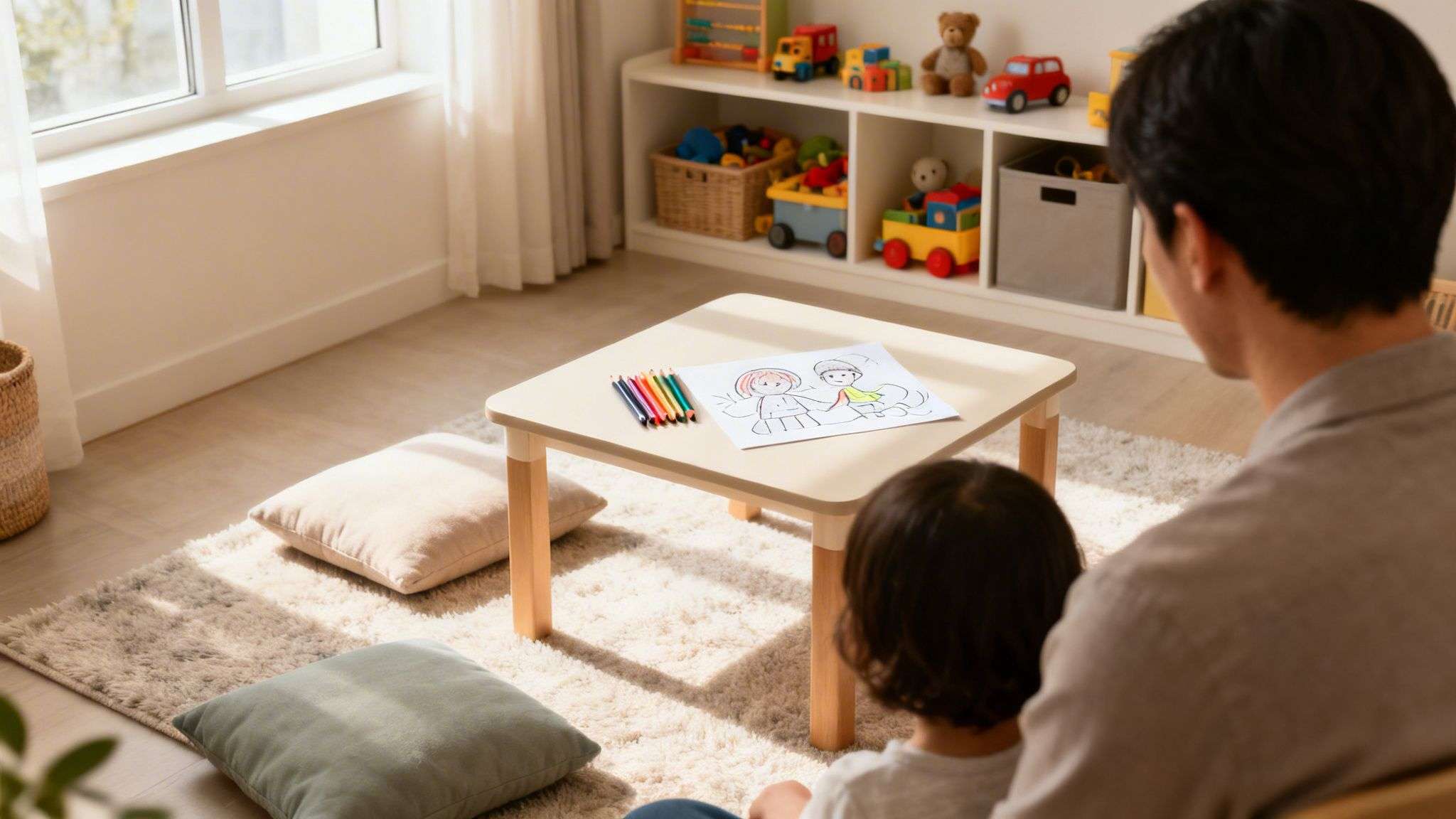 A father and child coloring a drawing at a low table in a bright playroom with toys.
