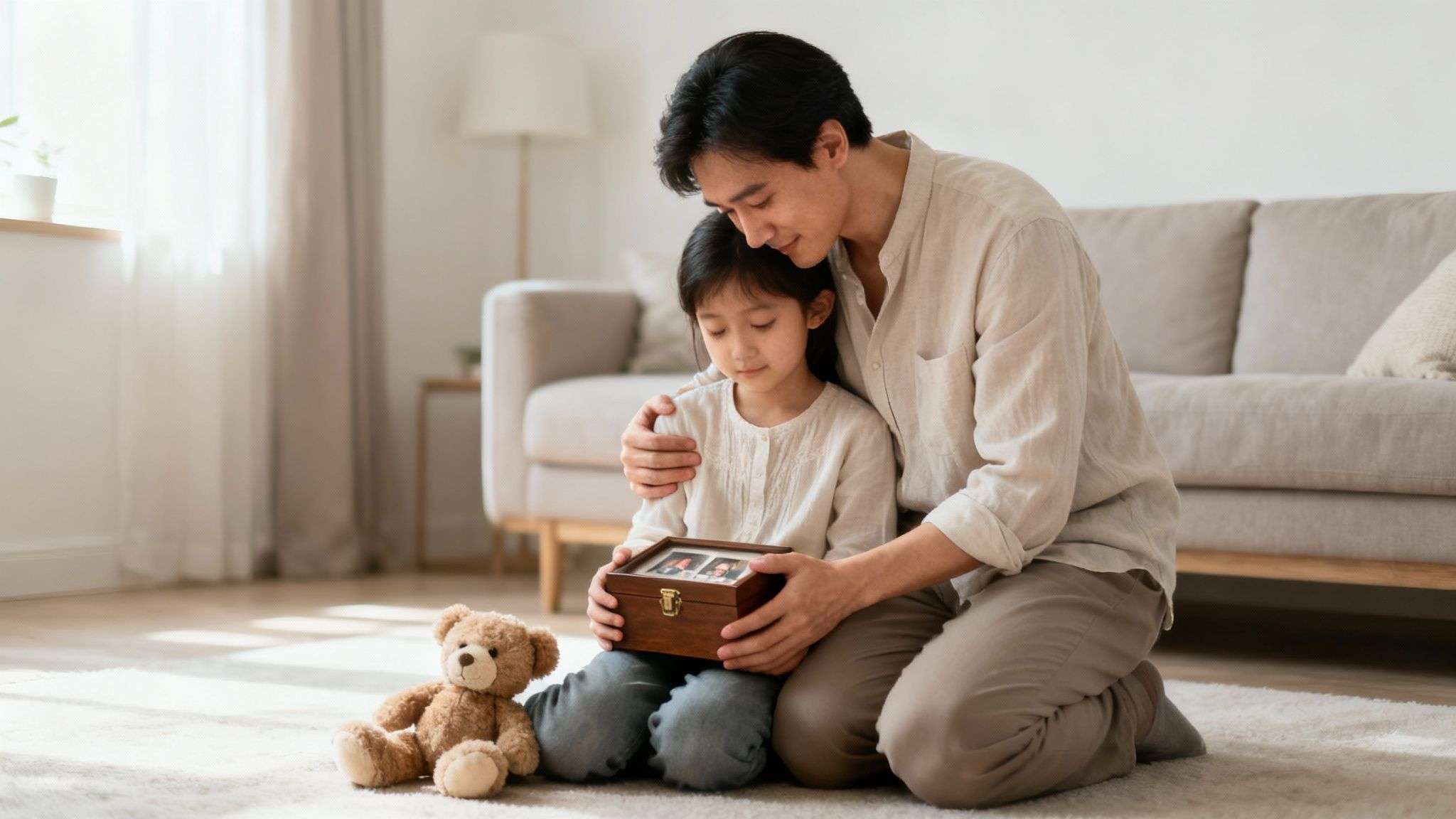A father comforts his daughter as they look at a memory box with cherished photos, possibly grieving.