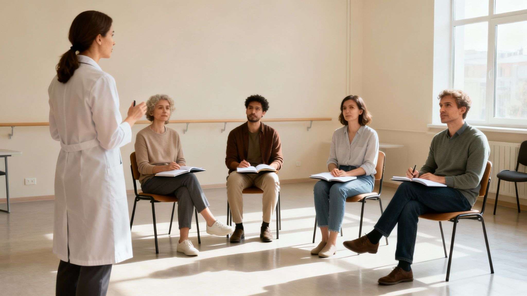 A female doctor leads a group therapy session with five diverse adults in a bright room.