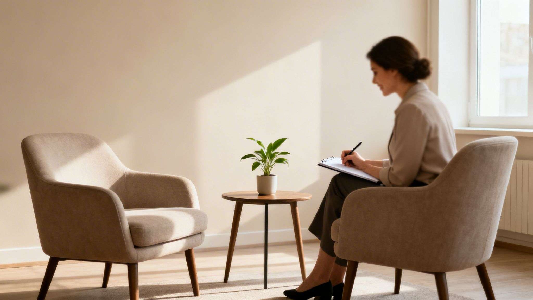 A female therapist takes notes during a counseling session in a brightly lit office.