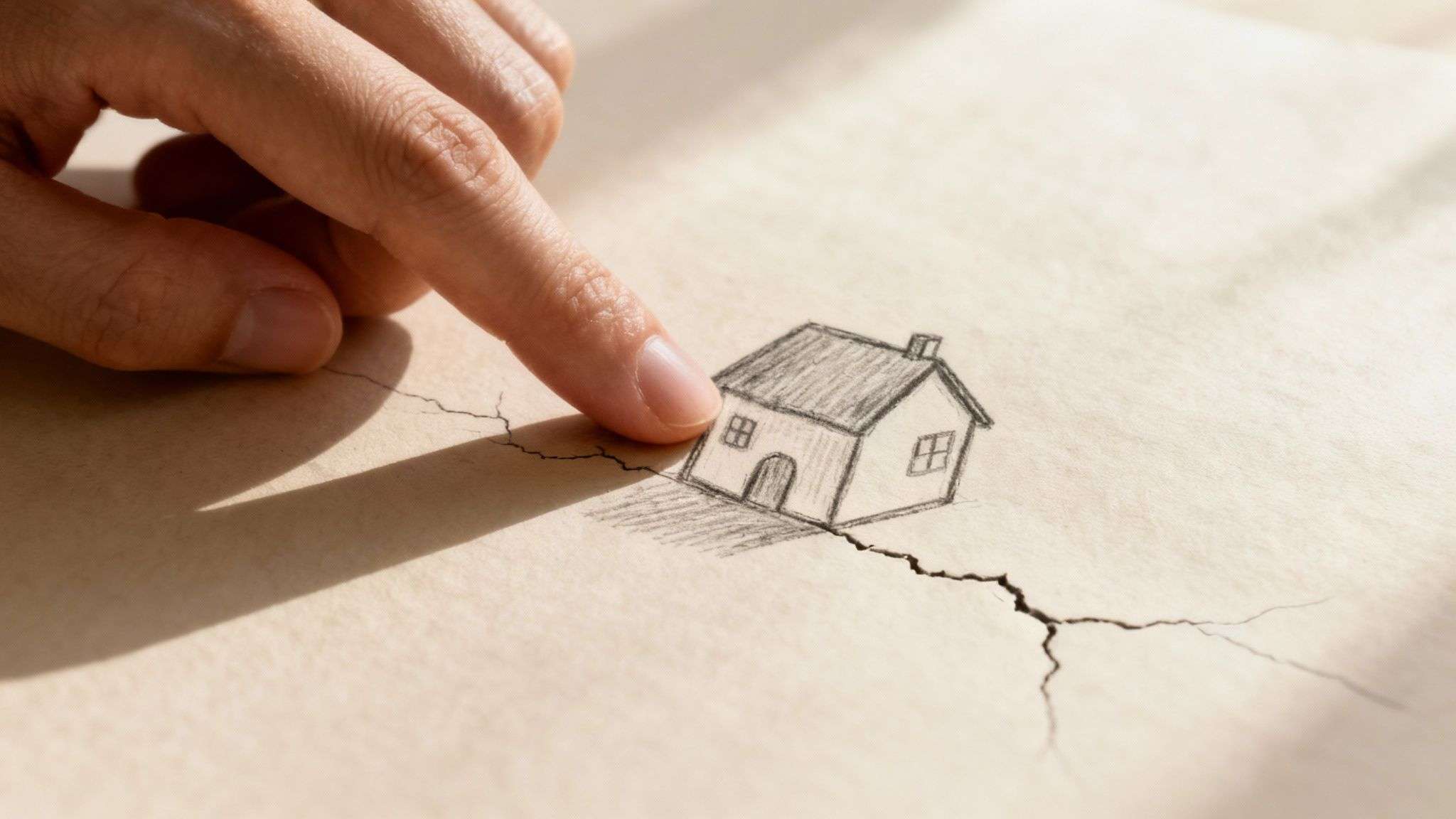 A finger presses down on a small house drawing split by a deep crack on aged paper.