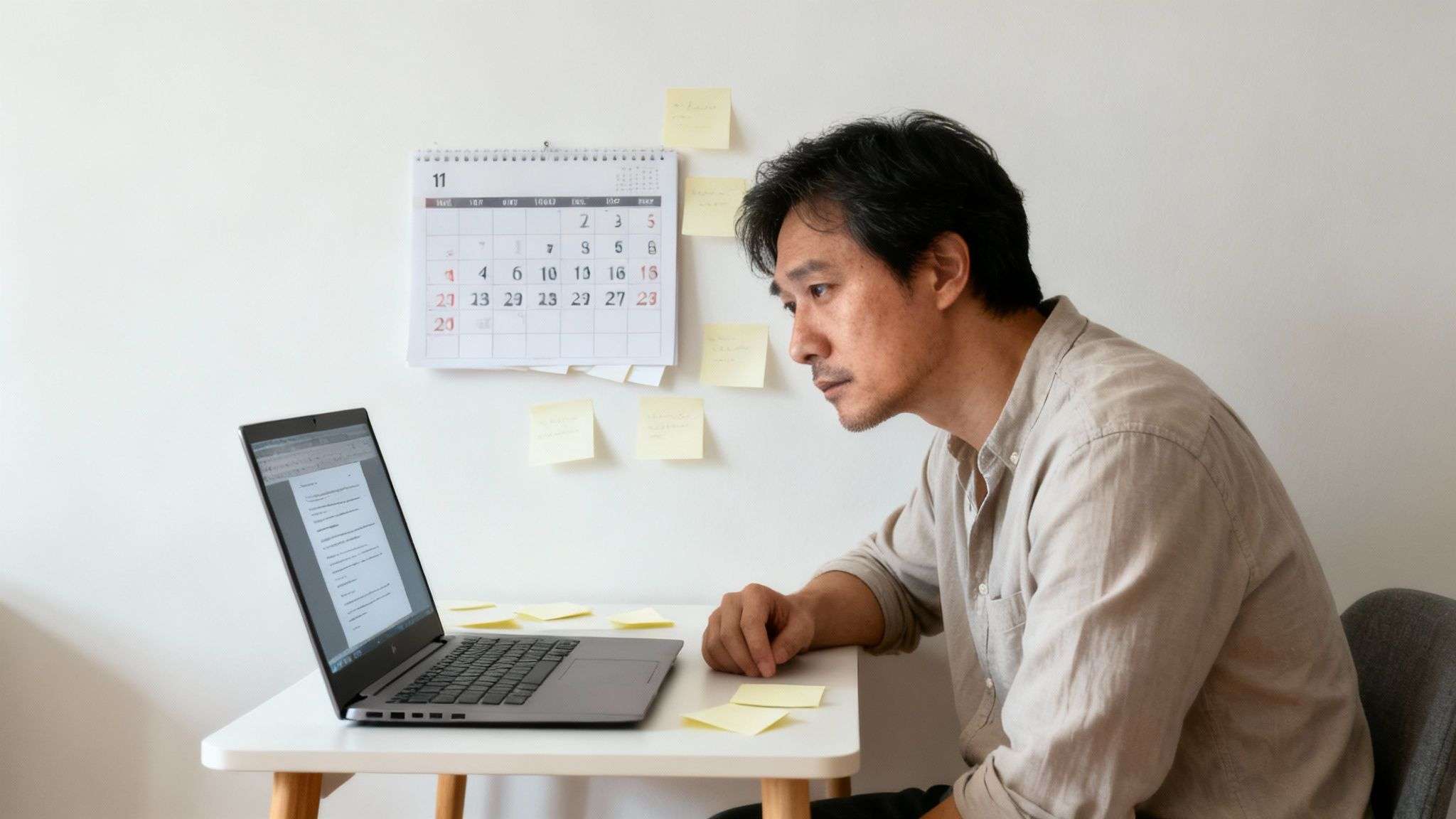 A focused man intently looking at his laptop screen while sitting at a desk.
