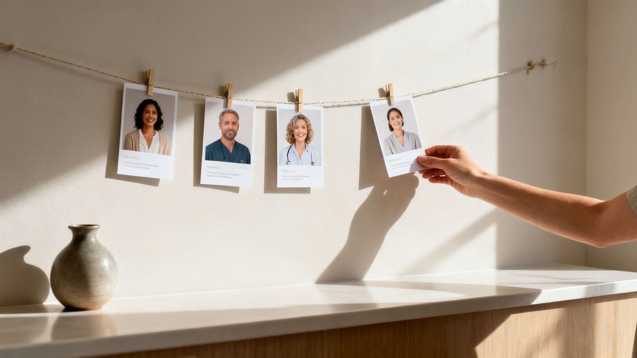 A hand adjusts photos of diverse professionals hanging on a string with clothespins in an office.