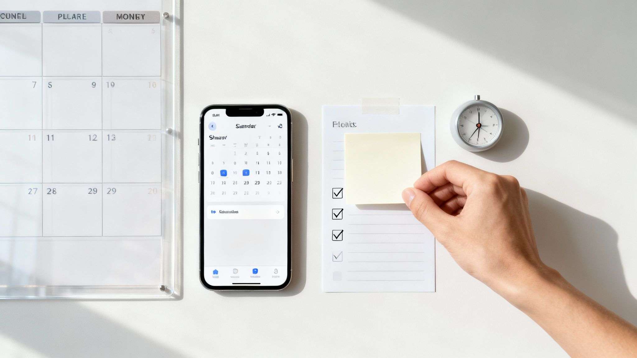 A hand places a sticky note on a checklist, next to a smartphone showing a calendar and a small clock.