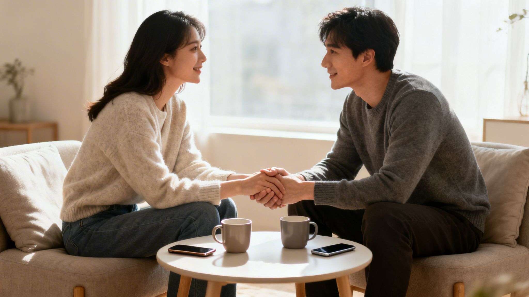 A happy Asian couple sitting on sofas, holding hands across a table, smiling warmly.