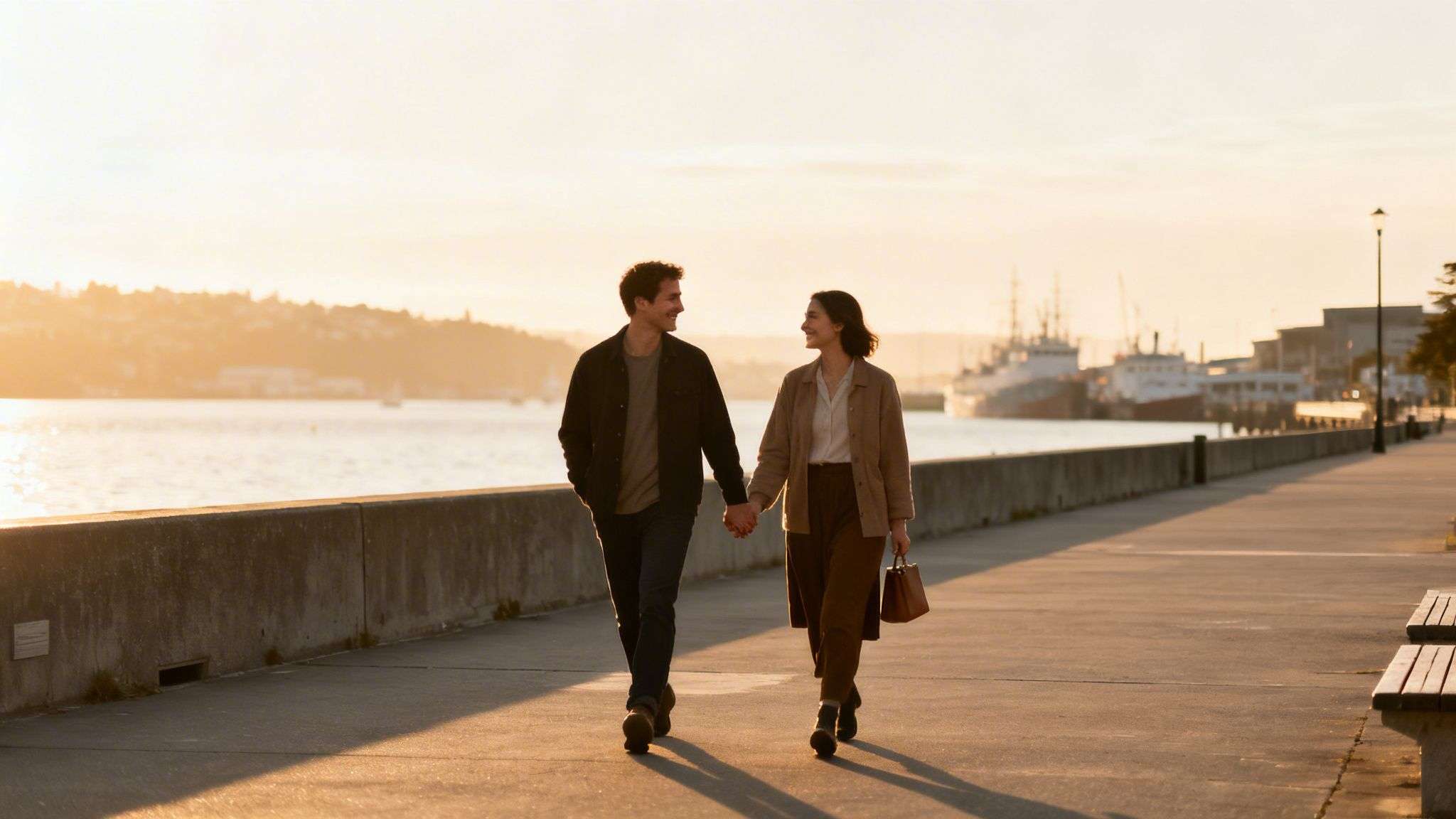 A happy couple holding hands, walking along a sunny waterfront promenade at sunset.