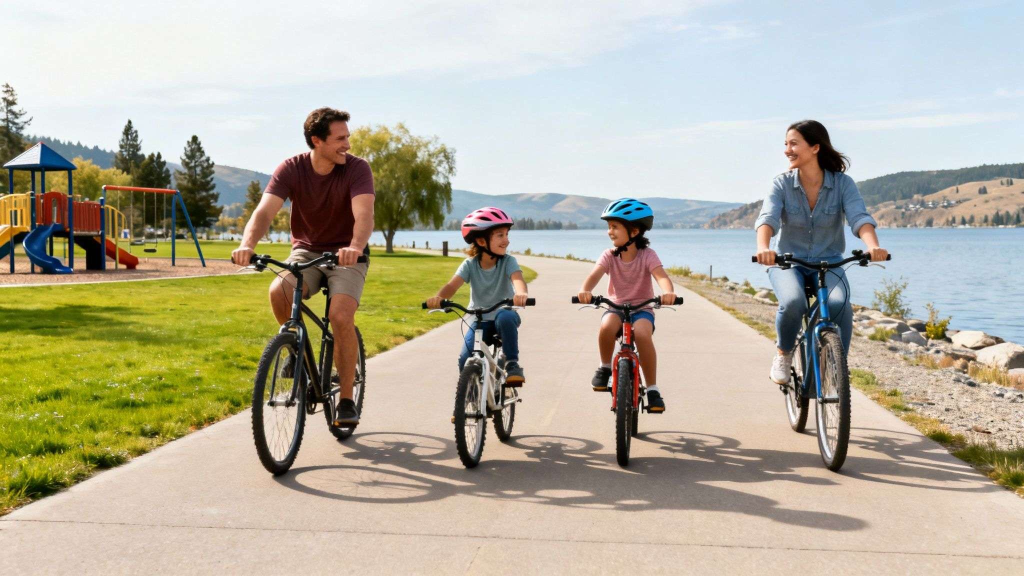 A happy family biking along a scenic lake path with a playground nearby on a sunny day.