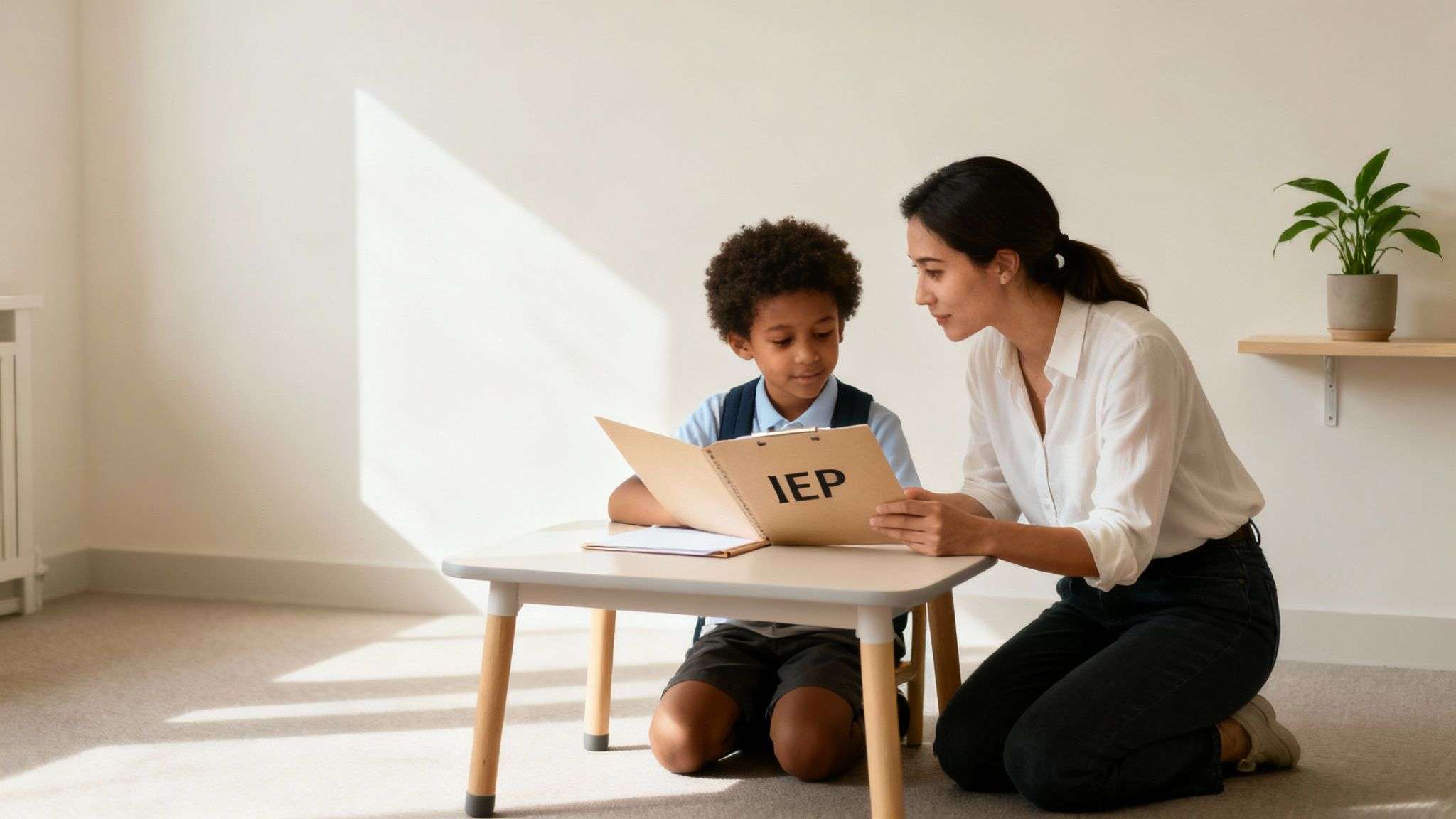 A kind woman and a young Black boy reviewing an IEP folder together on the floor.