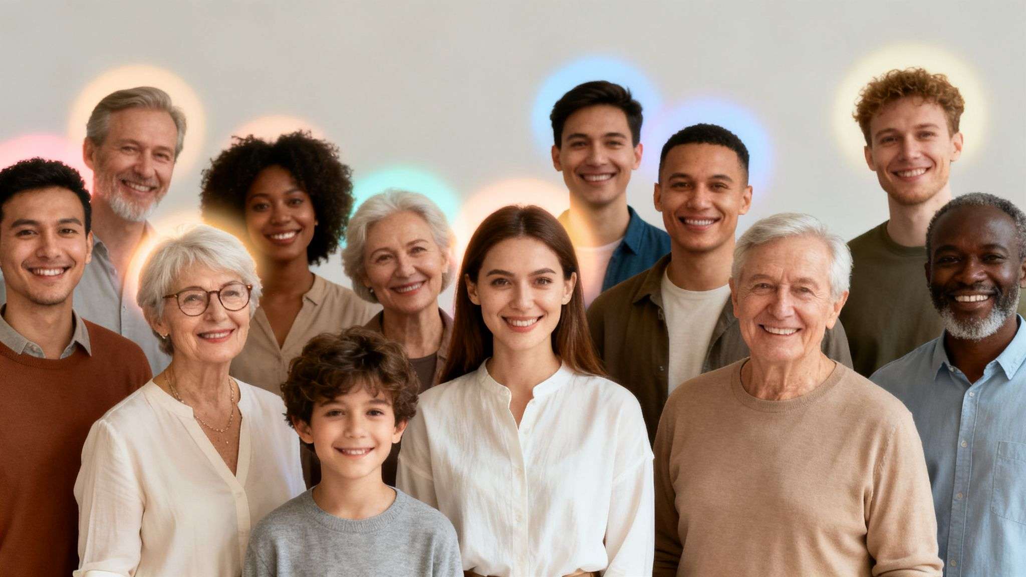 A large, diverse group of smiling people of different ages and ethnicities standing together.