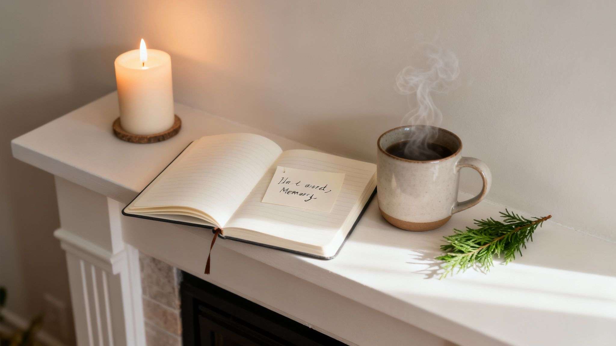A lit candle, steaming coffee, and an open journal with a 'memory' note on a mantelpiece.