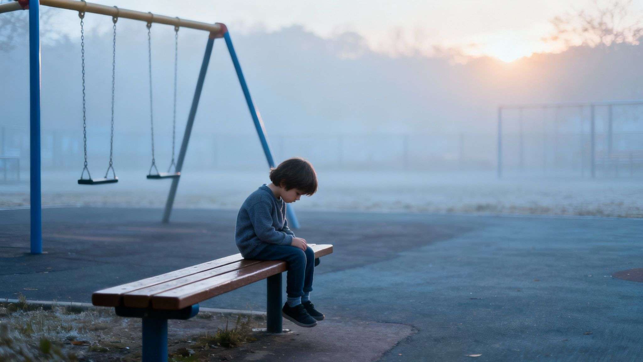 A lonely boy sits sadly on a park bench in a misty, empty playground at dawn.