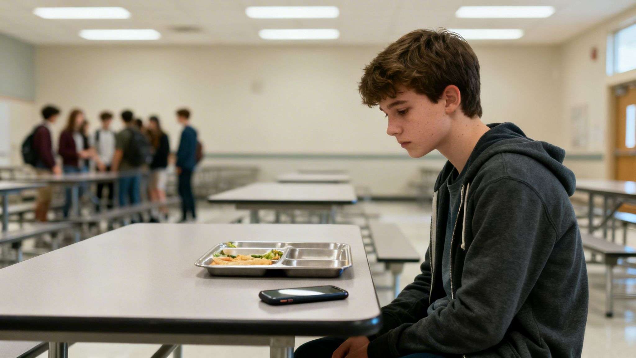 A lonely young boy sits alone at a cafeteria table with food and a phone, looking down.
