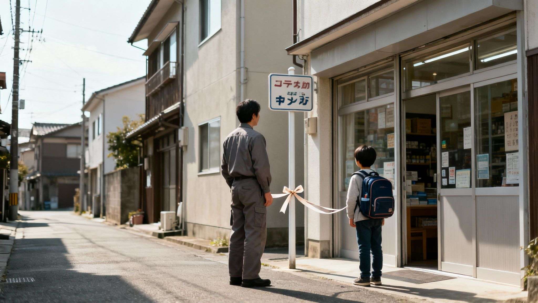 A man and a child with a backpack stand on a quiet Japanese street, looking at a small local shop.