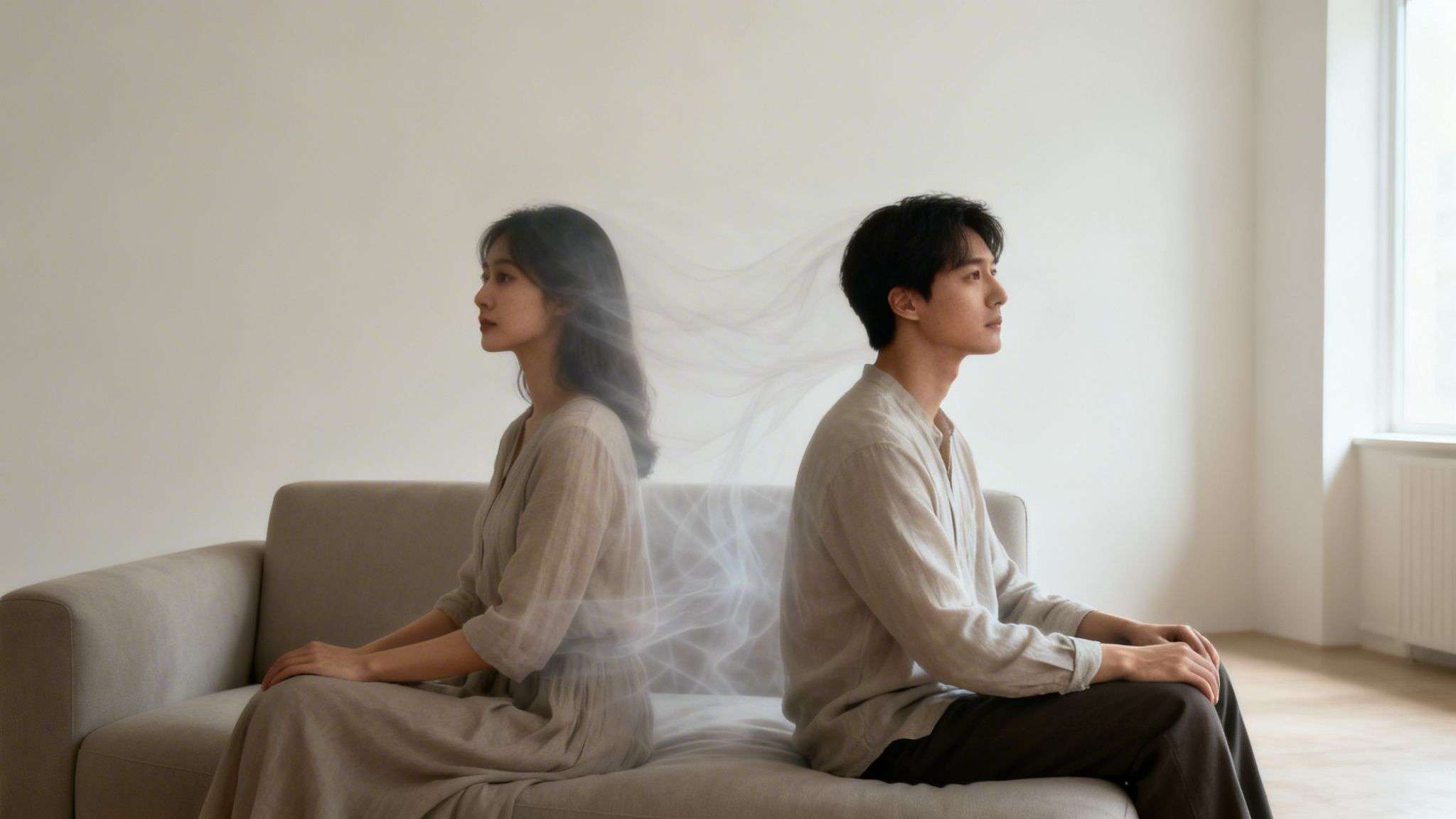 A man and woman sit back-to-back on a sofa, with ethereal wisps between them, symbolizing separation.
