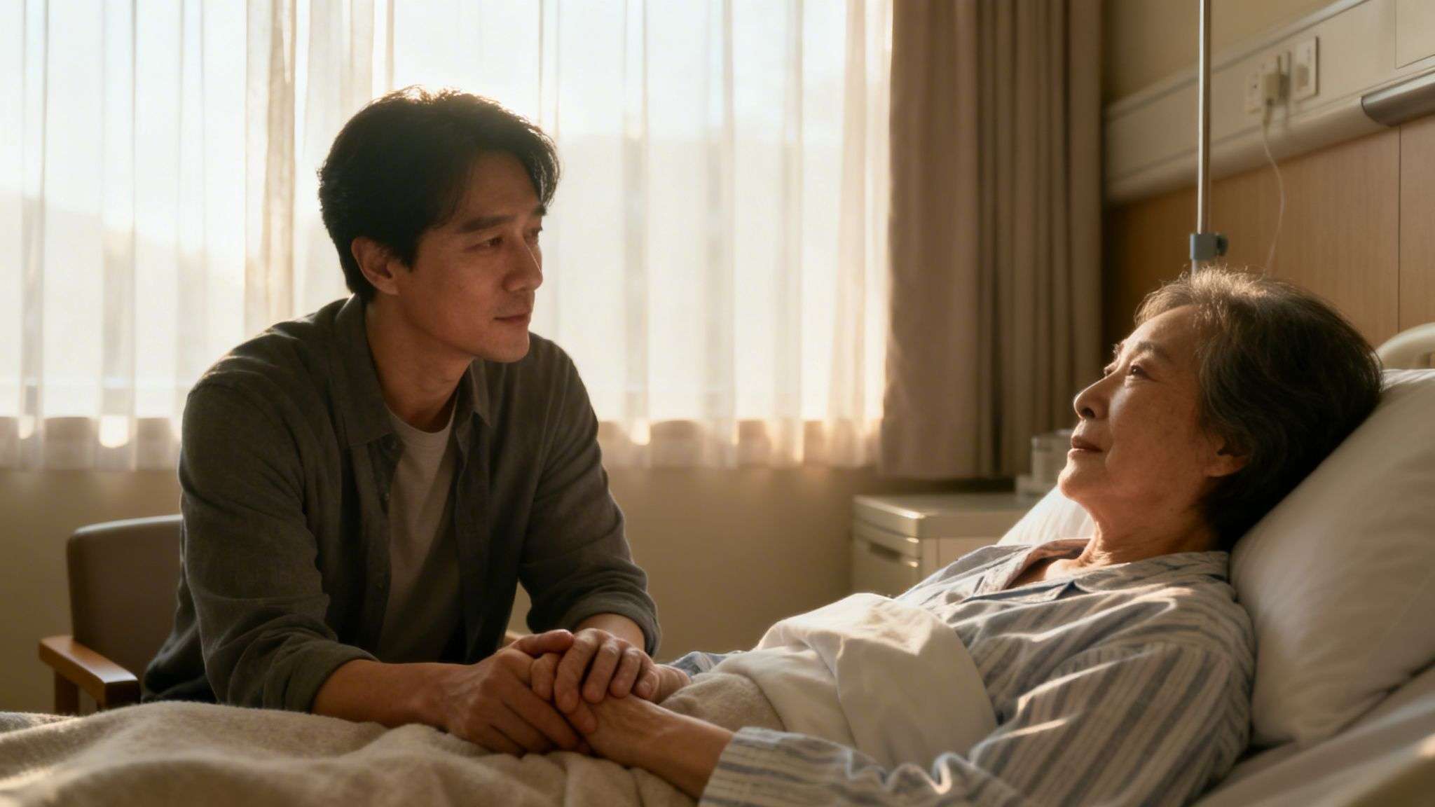 A man holds the hand of an elderly woman in a hospital bed, bathed in warm sunlight.