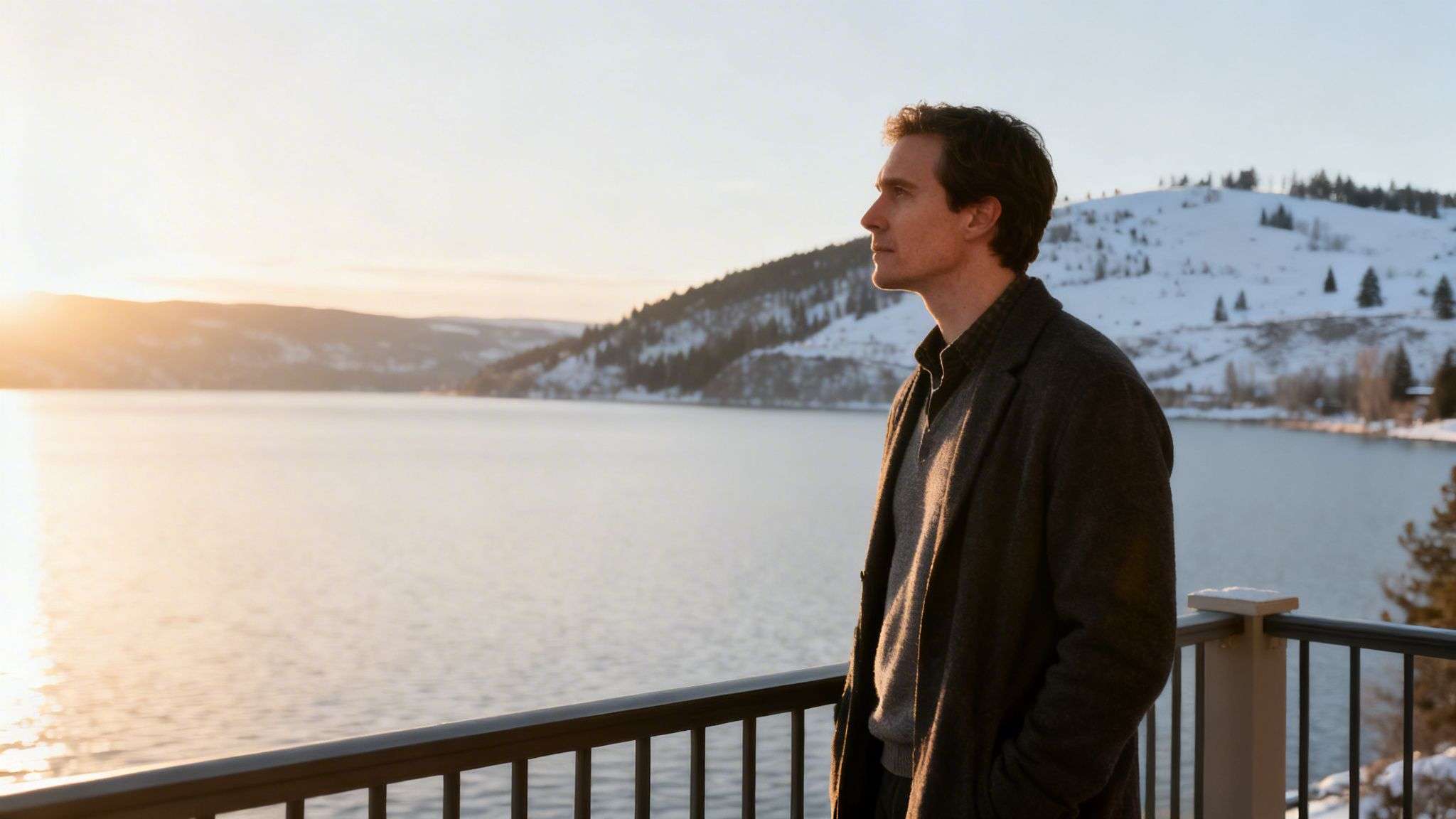A man in a coat stands on a balcony, looking at a snowy lake and mountains at sunset.