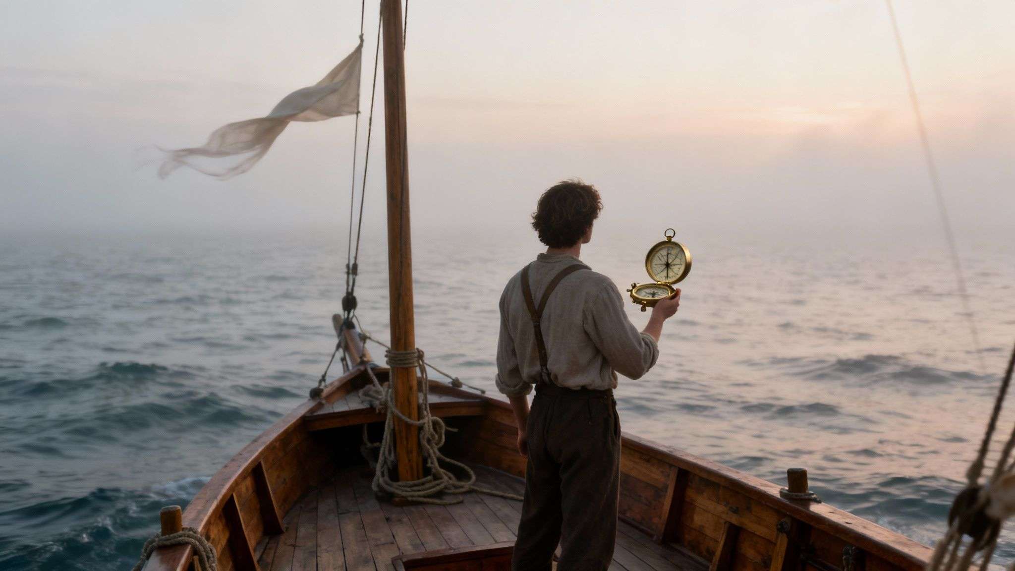 A man on a wooden boat at sea holds a compass, facing a misty horizon at dawn.
