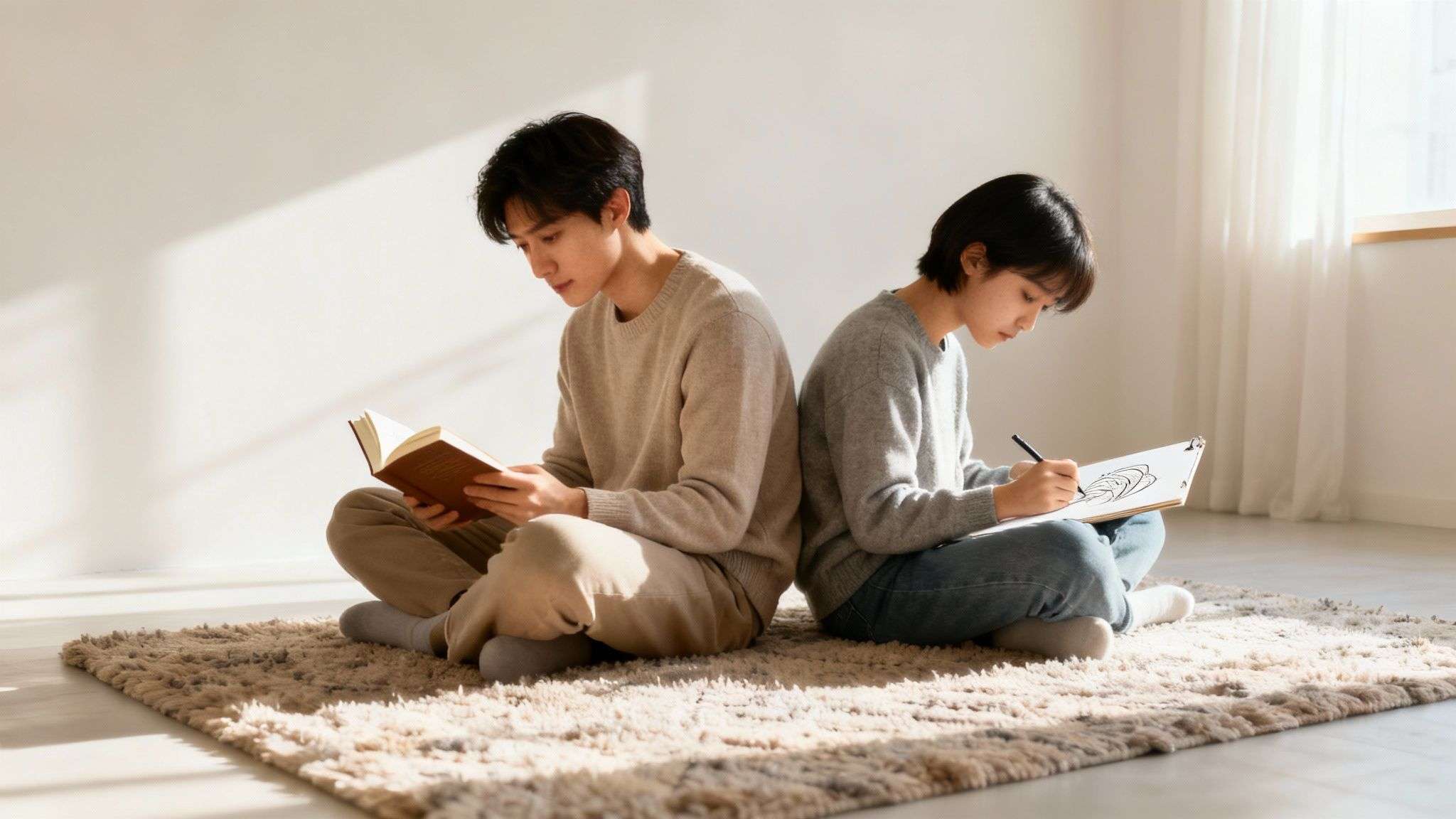 A man reads a book while a woman draws, both sitting back-to-back on a beige rug.