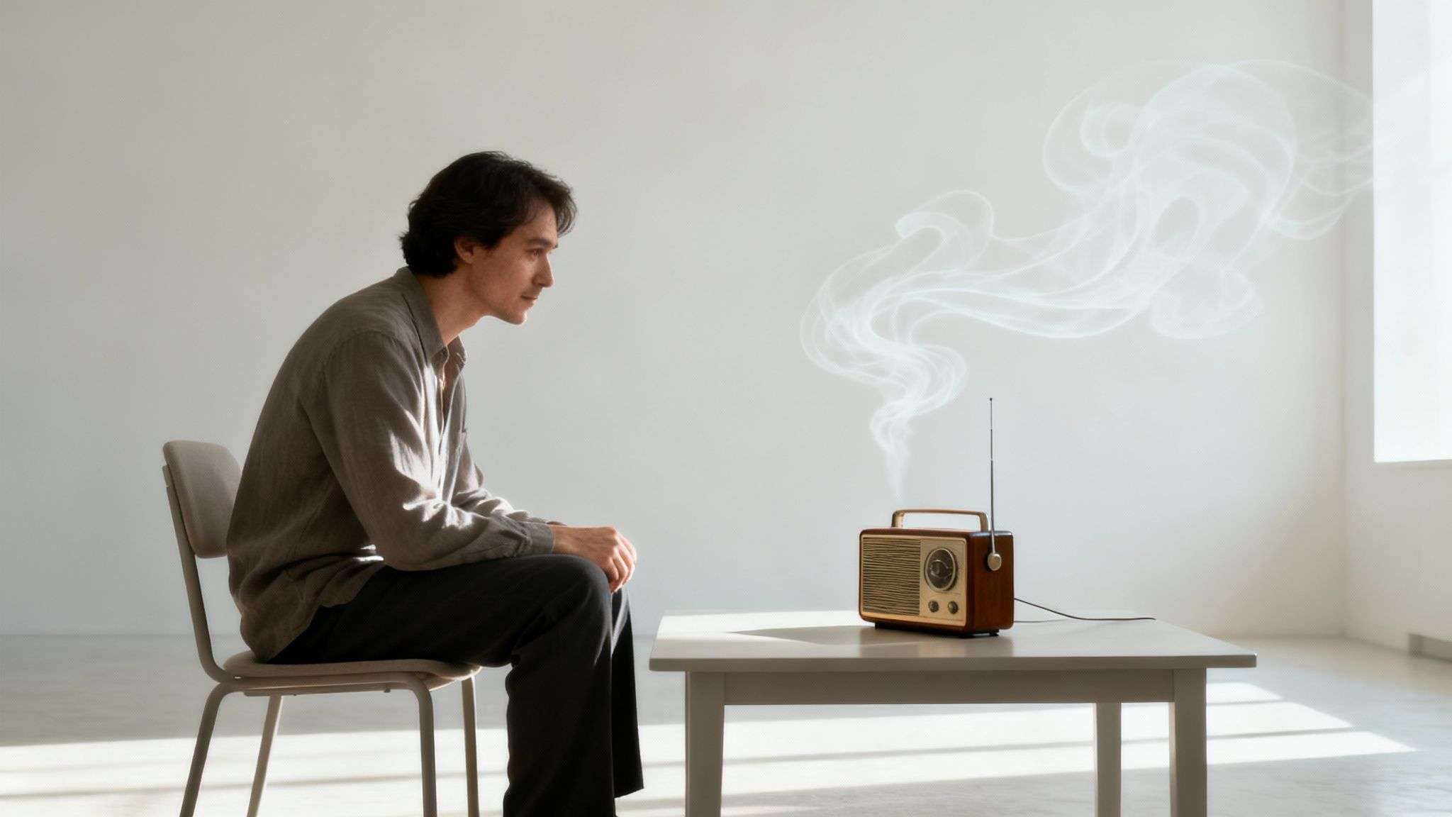 A man sits intently watching a vintage radio emitting smoke on a table.